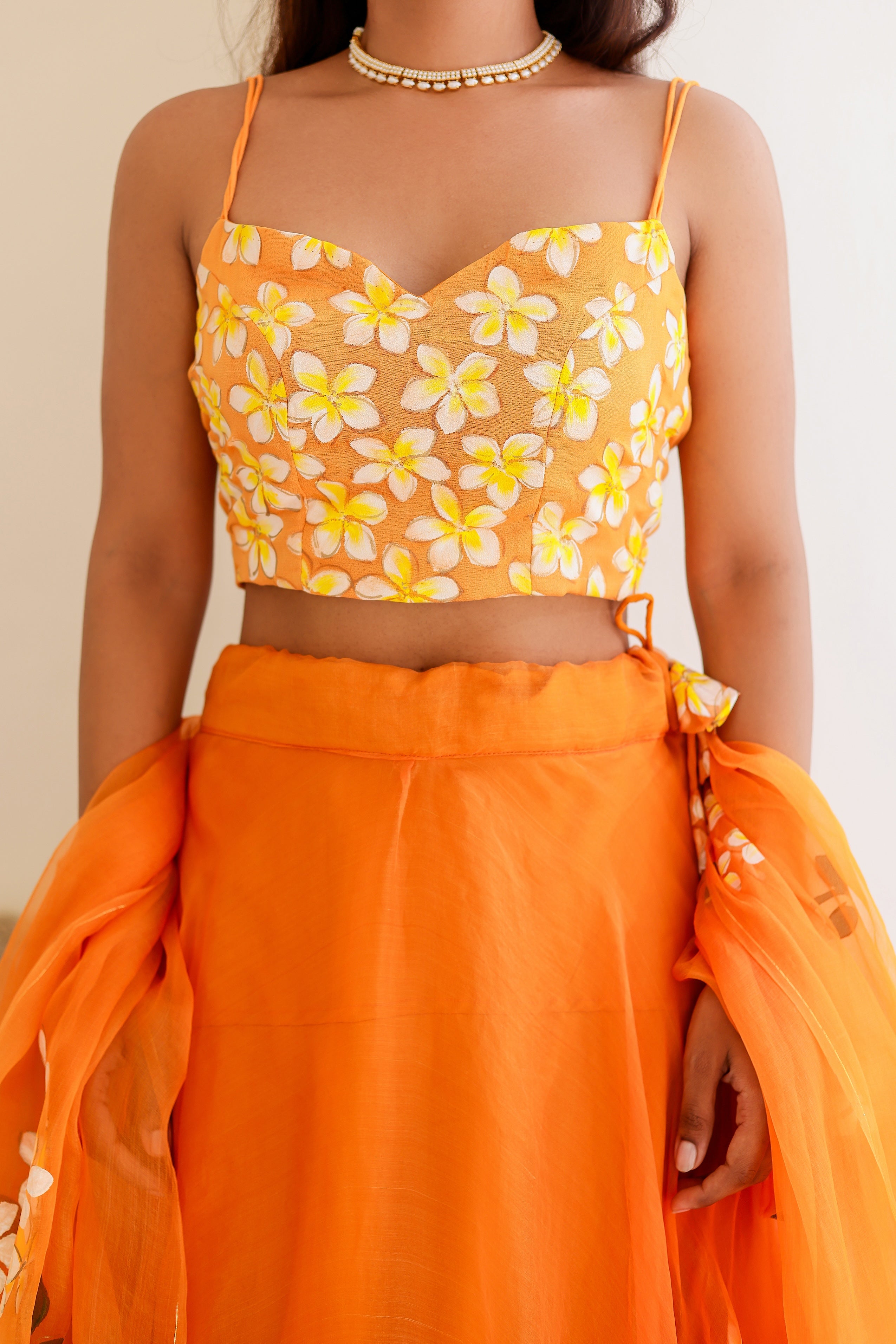Raag Bhimpalasi (Handpainted Orange Pure Organza Lehenga)