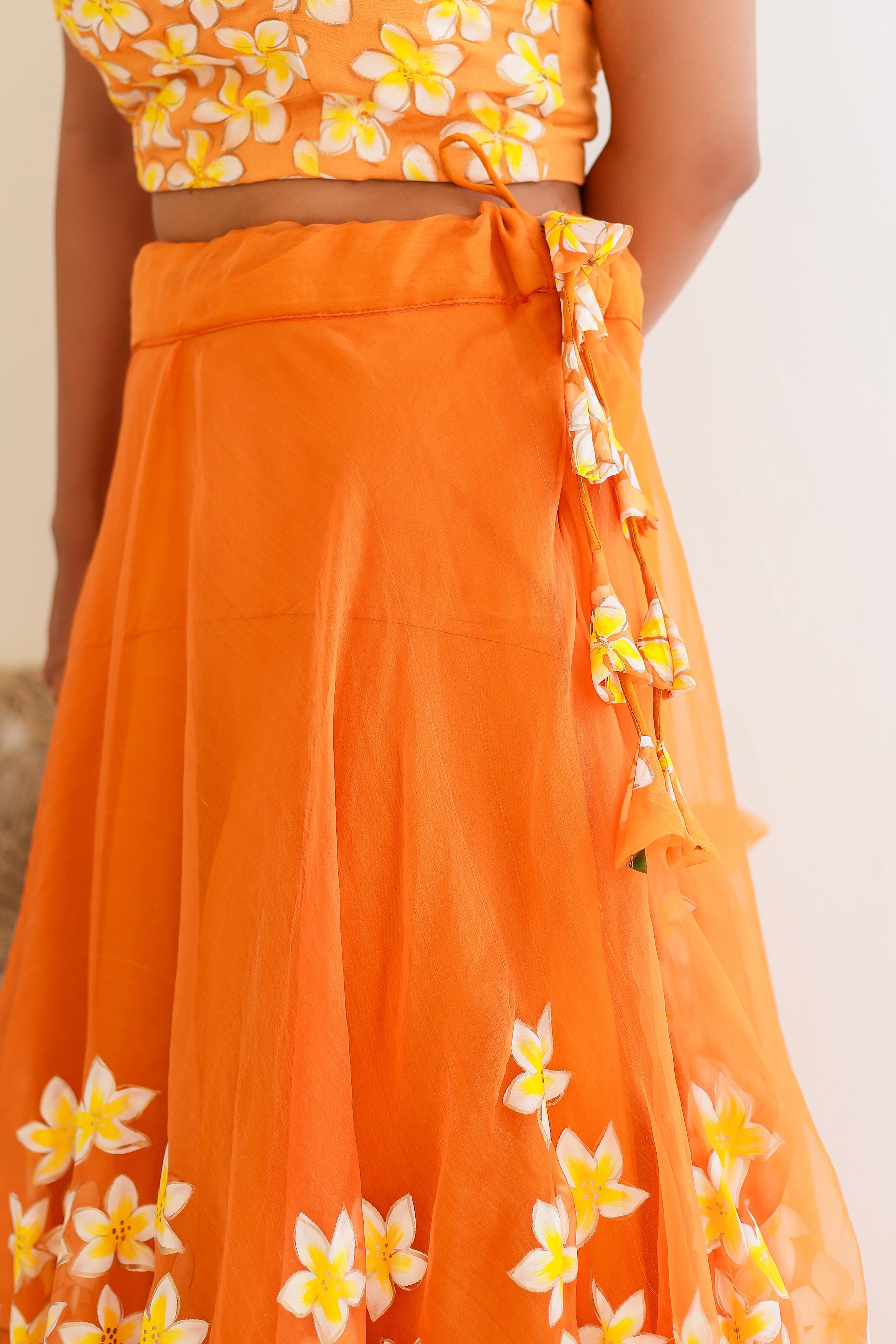 Raag Bhimpalasi (Handpainted Orange Pure Organza Lehenga)