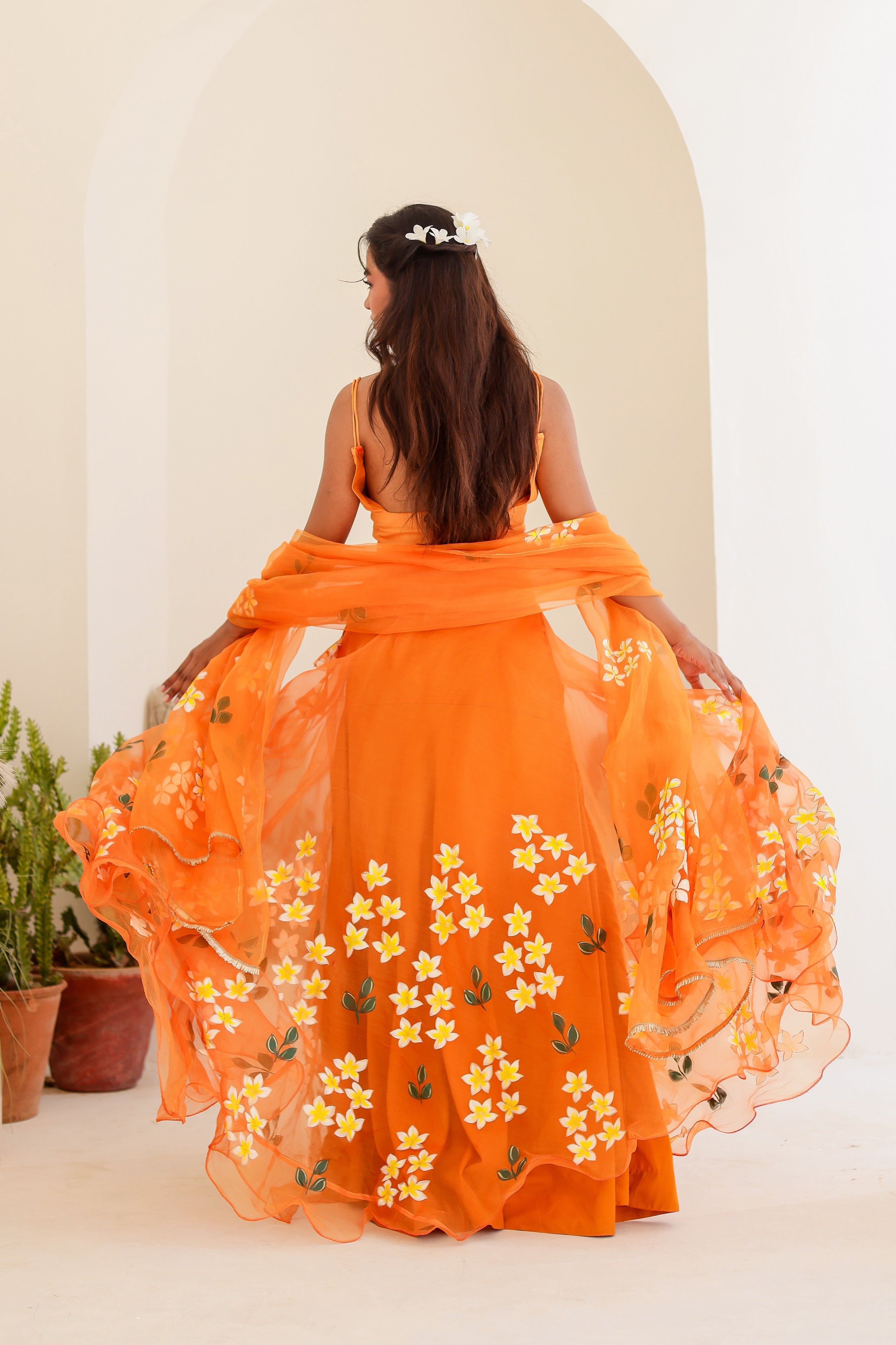Raag Bhimpalasi (Handpainted Orange Pure Organza Lehenga)