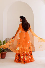 Raag Bhimpalasi (Handpainted Orange Pure Organza Lehenga)