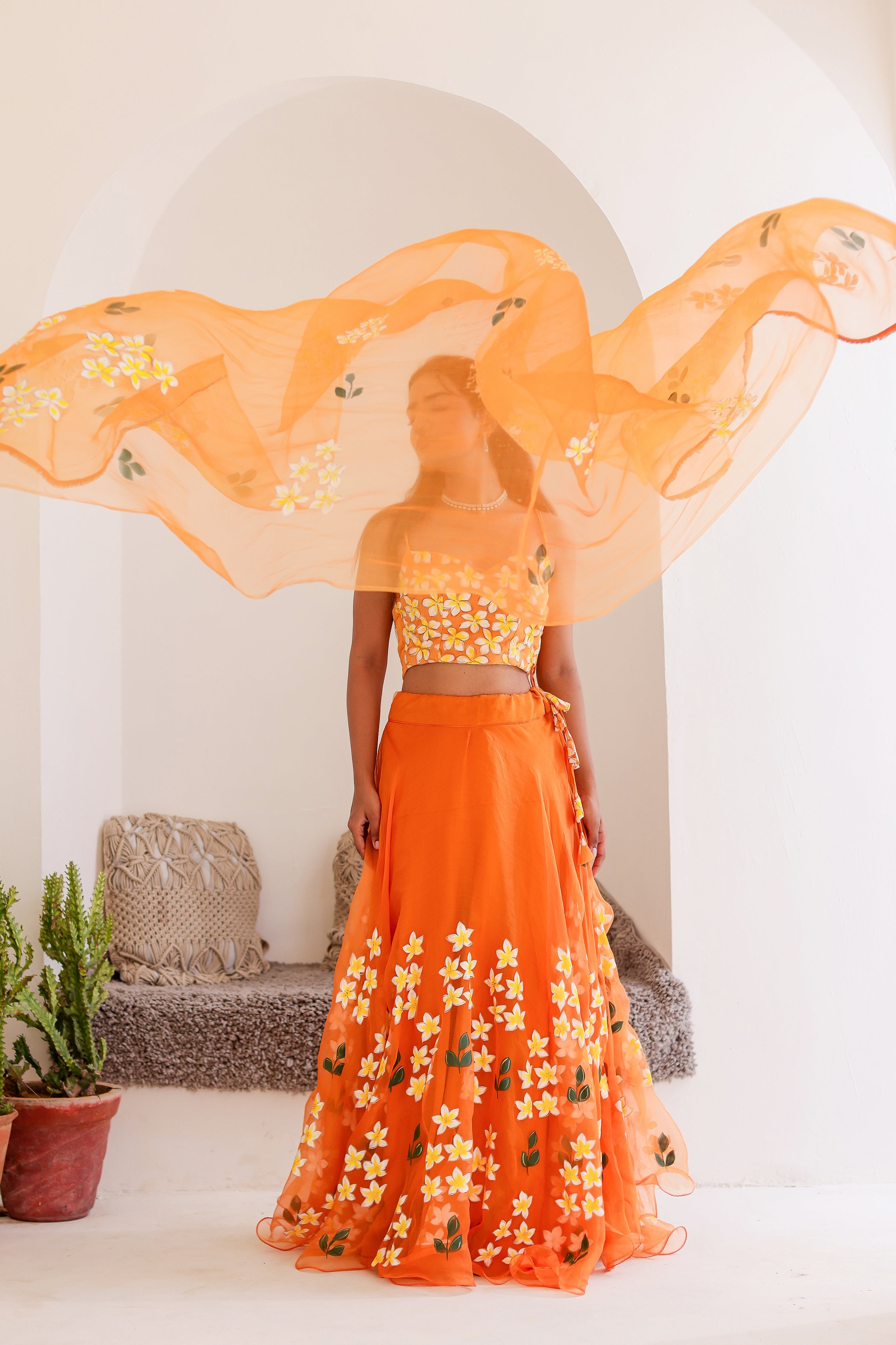 Raag Bhimpalasi (Handpainted Orange Pure Organza Lehenga)
