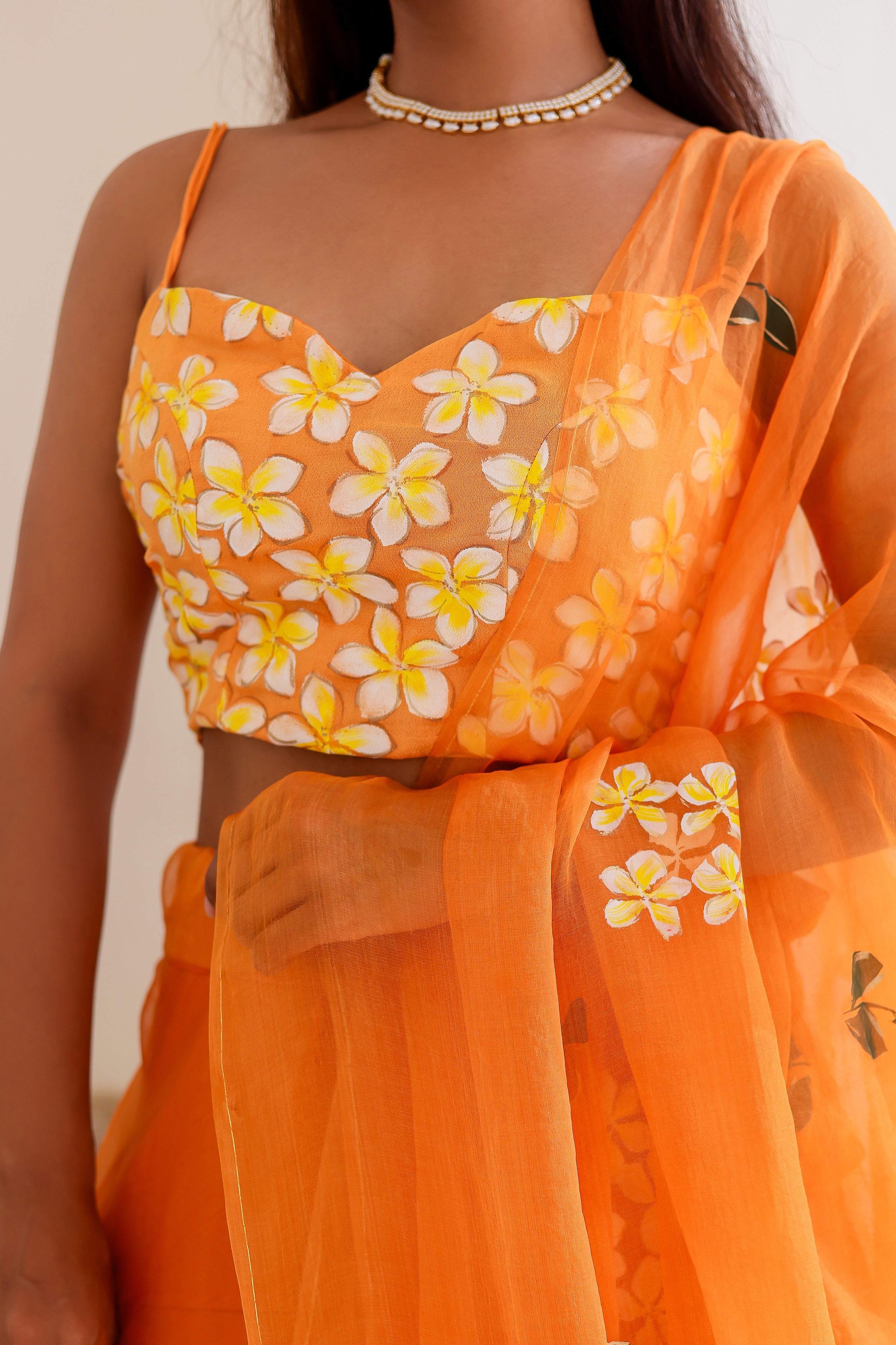 Raag Bhimpalasi (Handpainted Orange Pure Organza Lehenga)