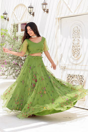 Raag Basant (Handpainted Green Lehenga on Pure Organza)
