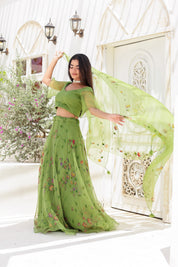 Raag Basant (Handpainted Green Lehenga on Pure Organza)