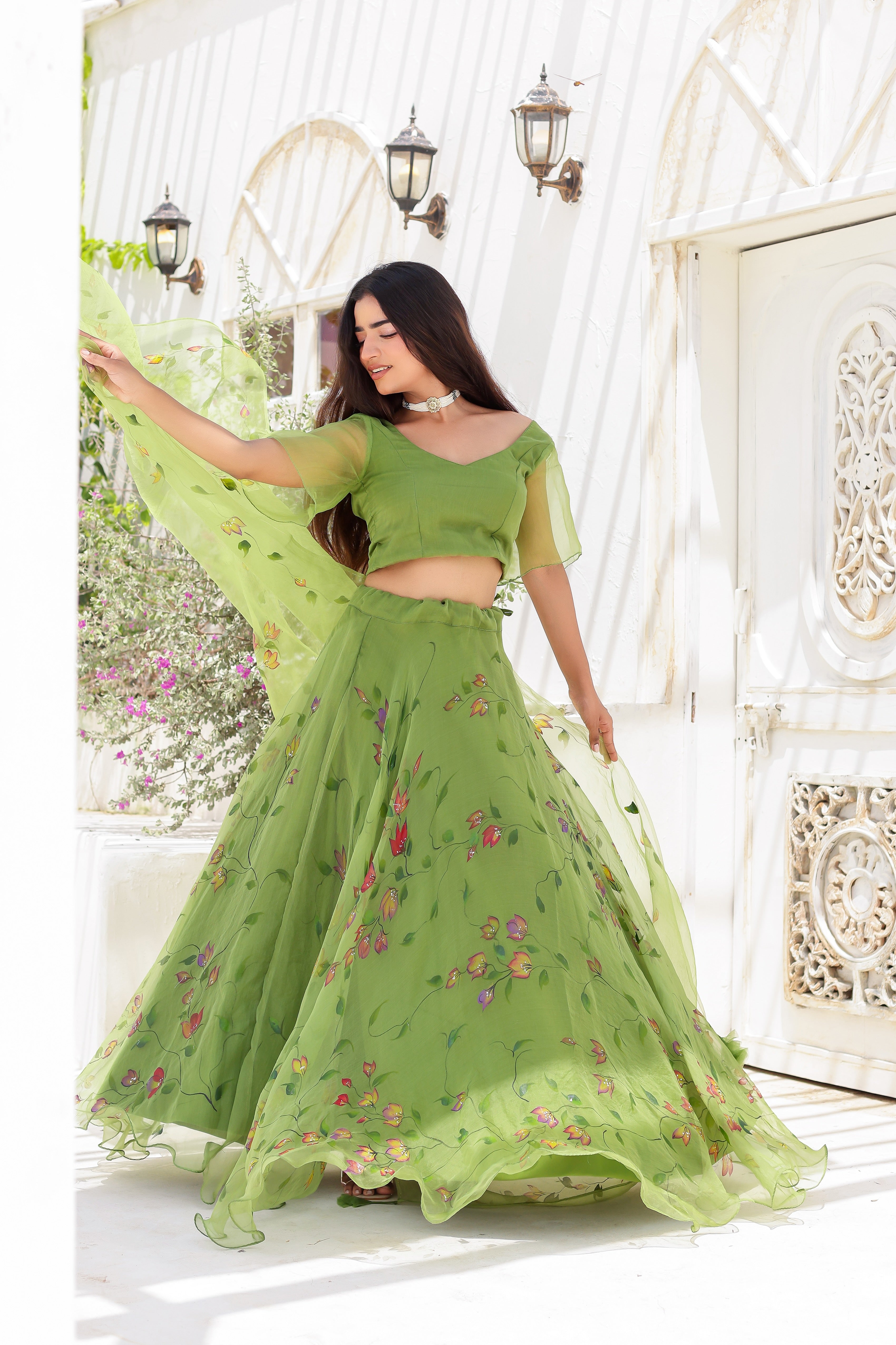 Raag Basant (Handpainted Green Lehenga on Pure Organza)