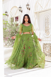 Raag Basant (Handpainted Green Lehenga on Pure Organza)
