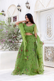 Raag Basant (Handpainted Green Lehenga on Pure Organza)