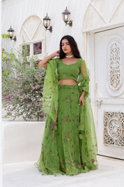 Raag Basant (Handpainted Green Lehenga on Pure Organza)