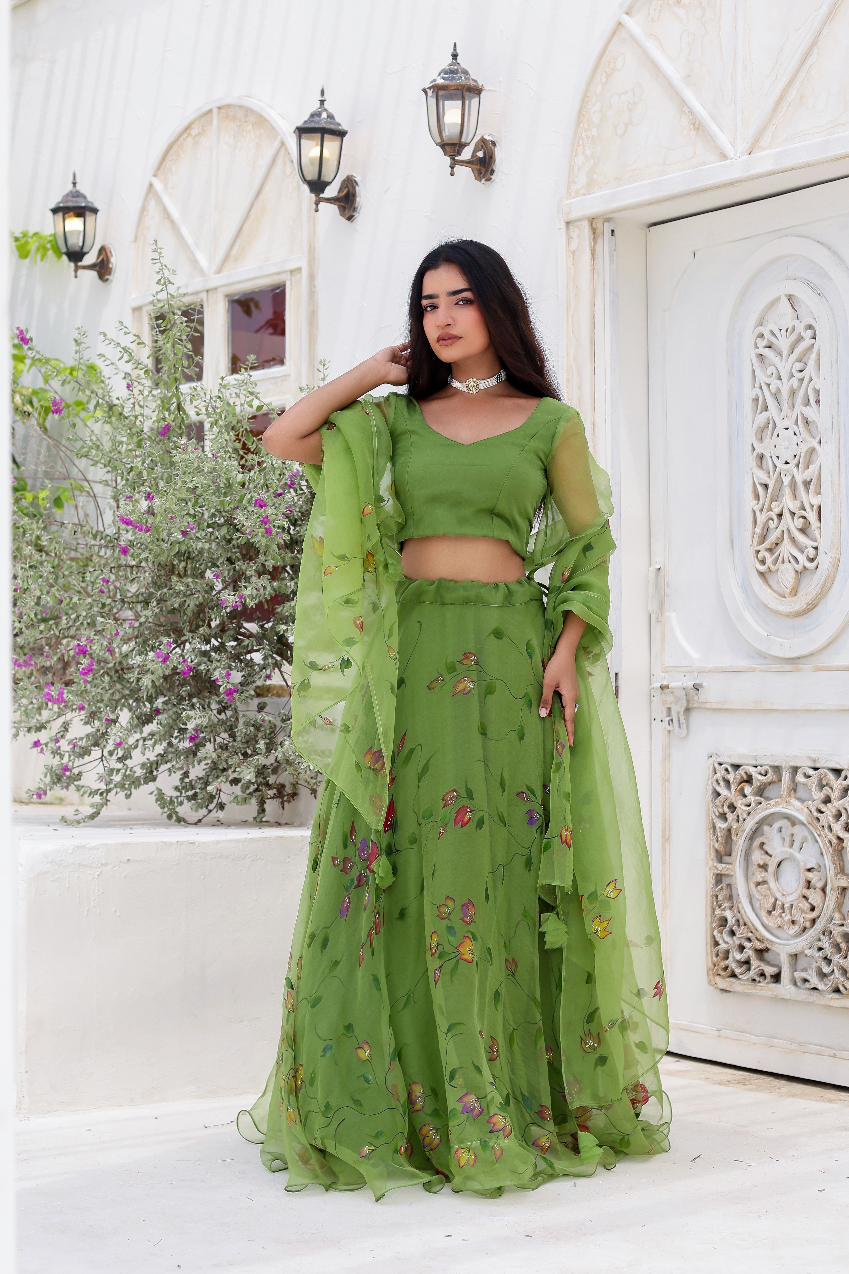 Raag Basant (Handpainted Green Lehenga on Pure Organza)