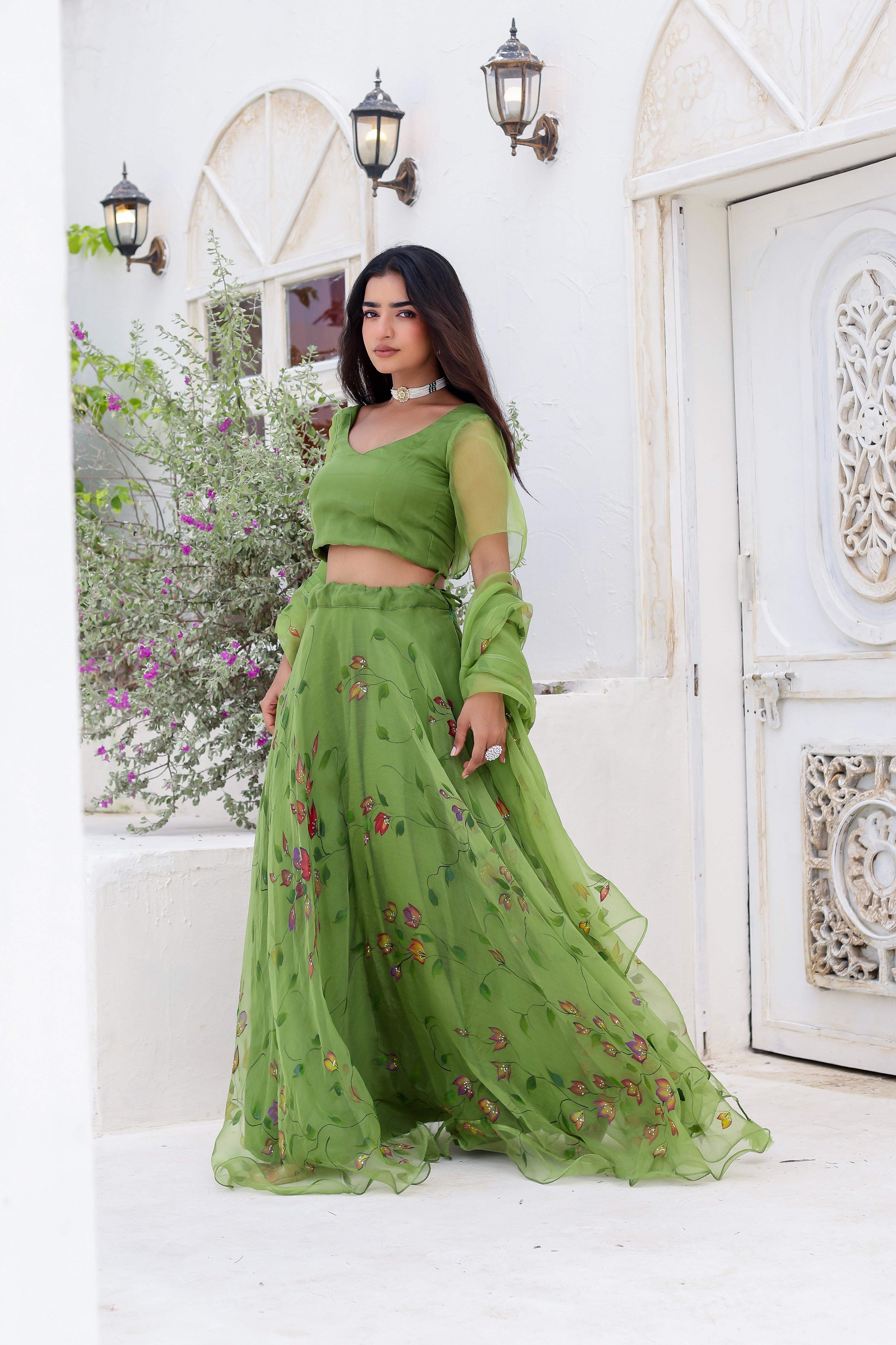 Raag Basant (Handpainted Green Lehenga on Pure Organza)