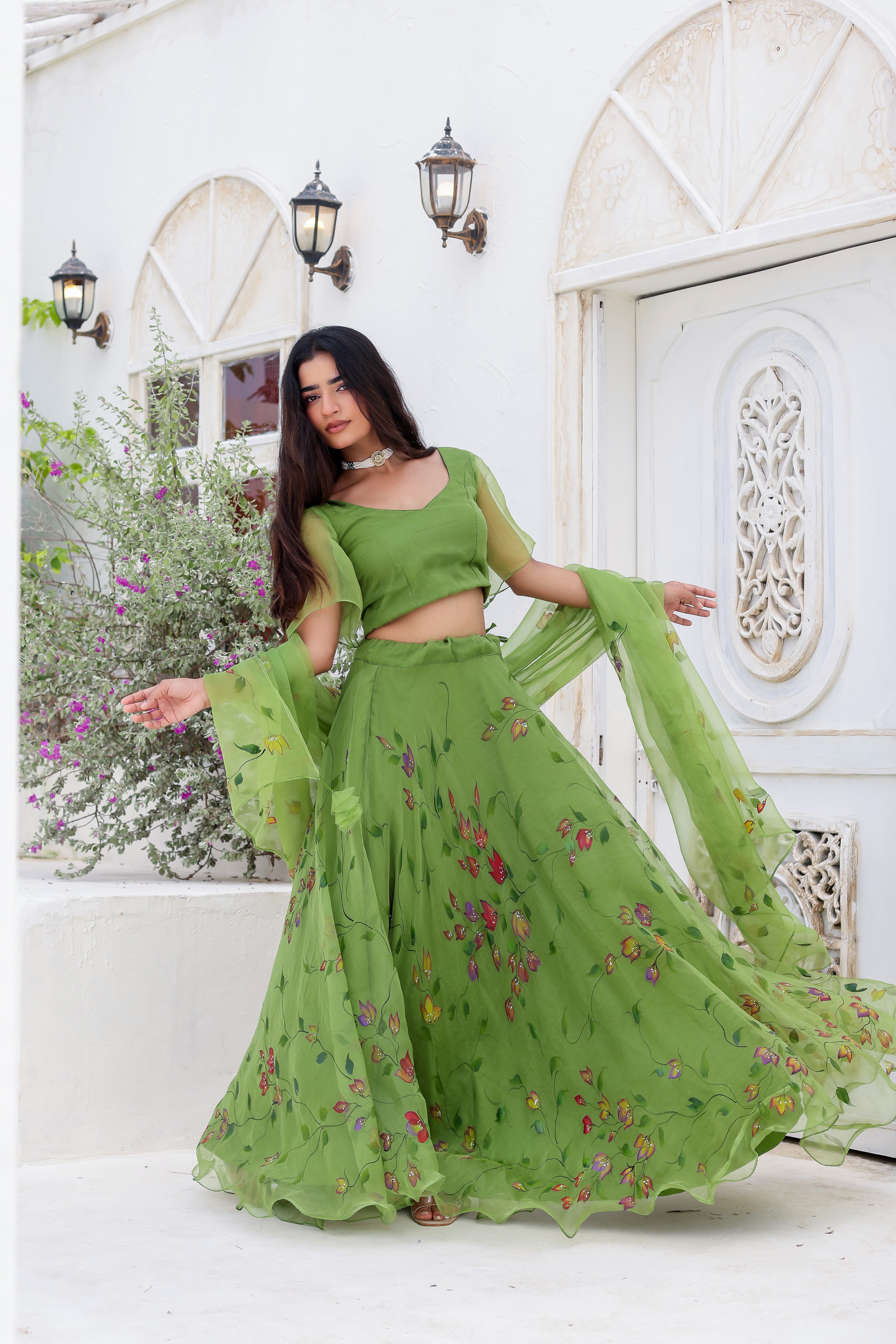 Raag Basant (Handpainted Green Lehenga on Pure Organza)