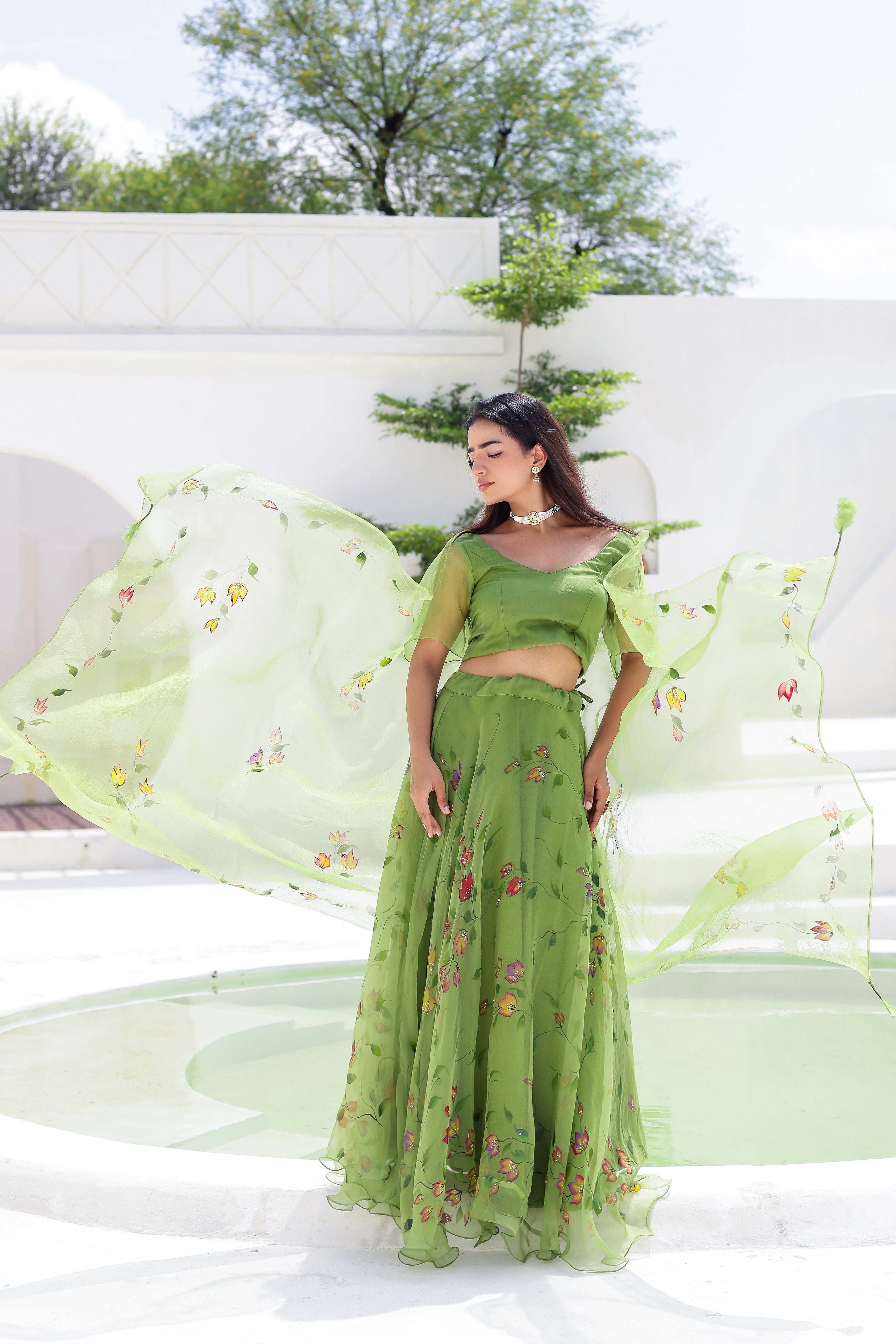 Raag Basant (Handpainted Green Lehenga on Pure Organza)