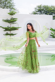 Raag Basant (Handpainted Green Lehenga on Pure Organza)