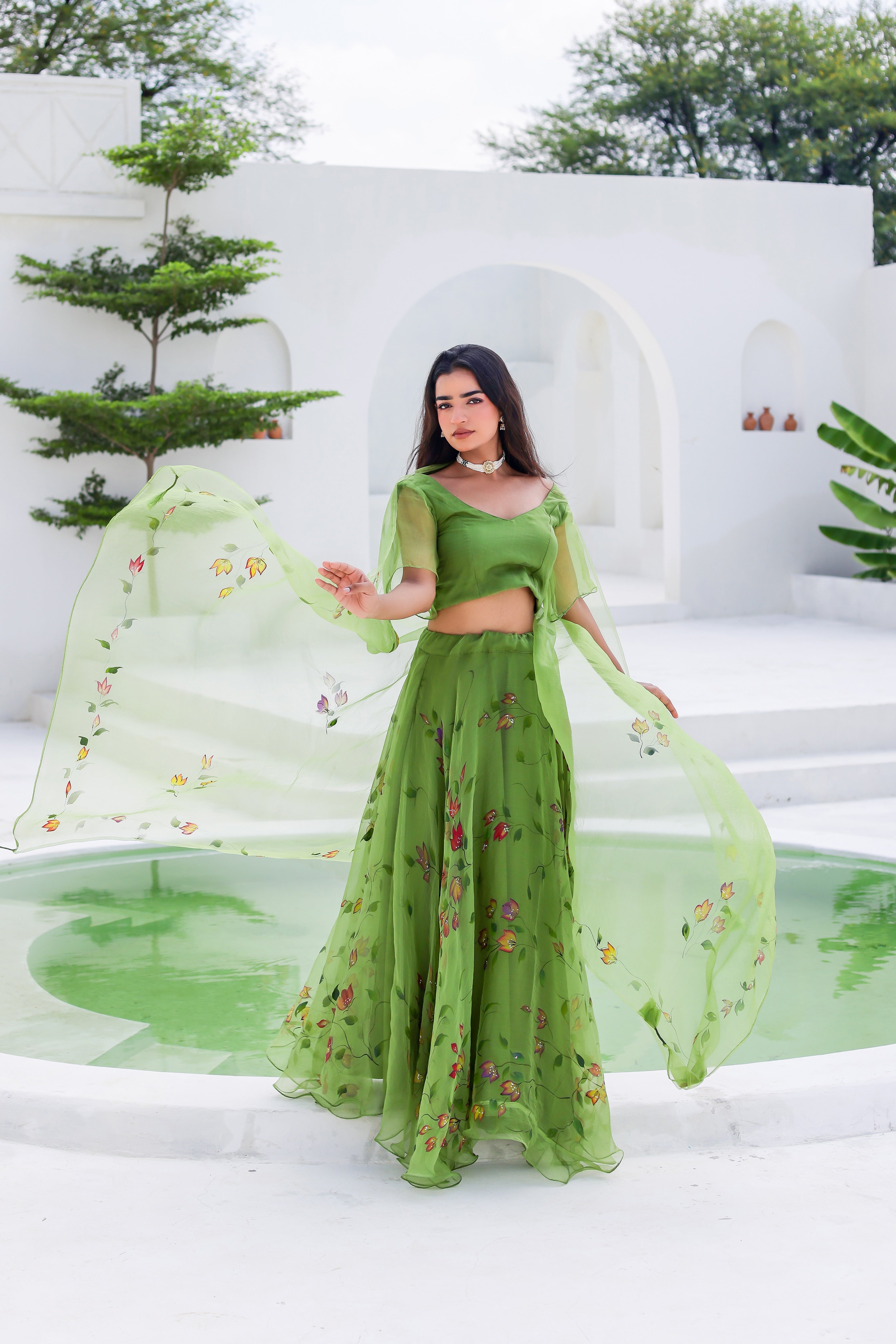 Raag Basant (Handpainted Green Lehenga on Pure Organza)