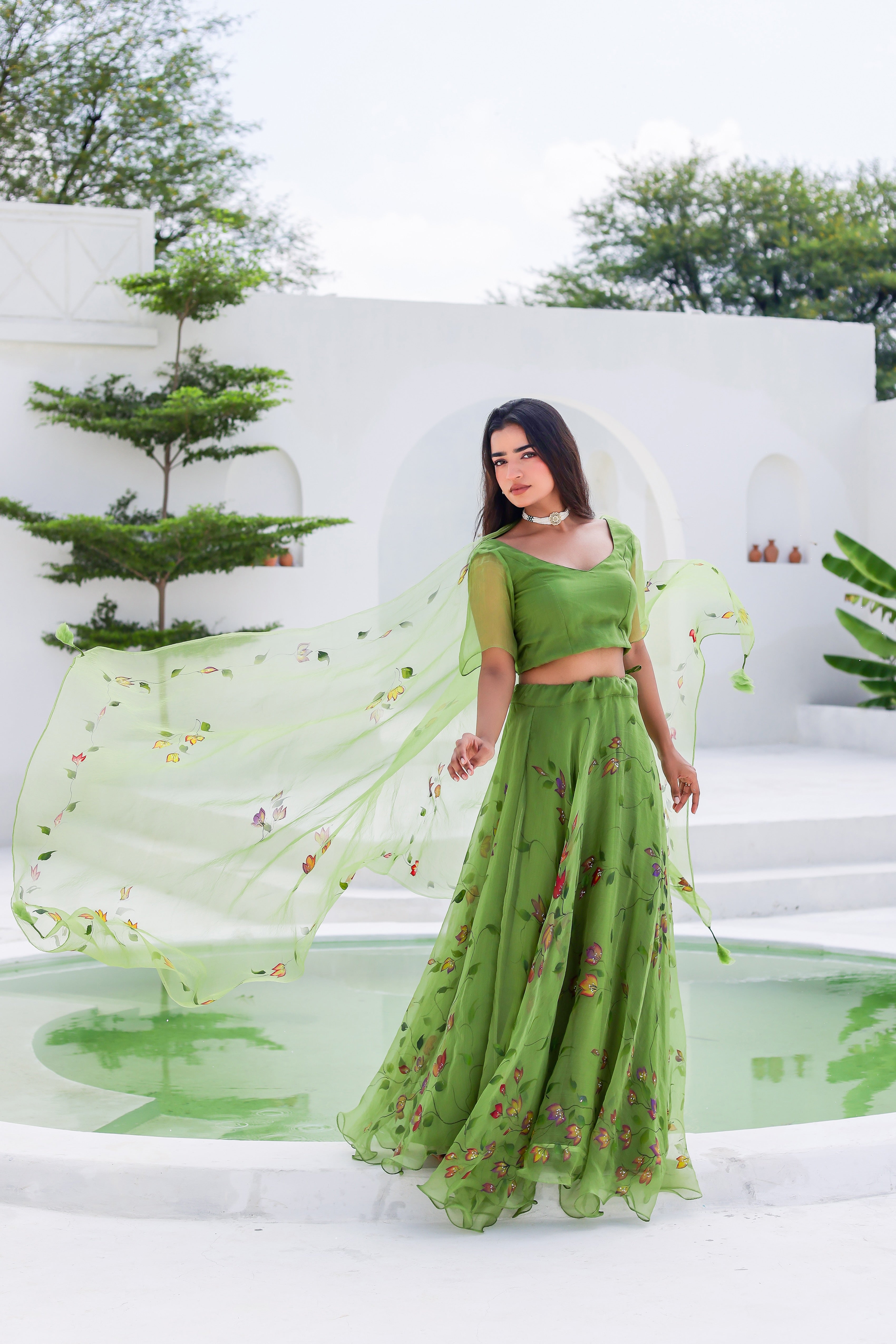 Raag Basant (Handpainted Green Lehenga on Pure Organza)