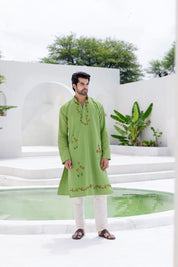 Garden Breeze Kurta (Handpainted Green Pure Cotton Kurta)