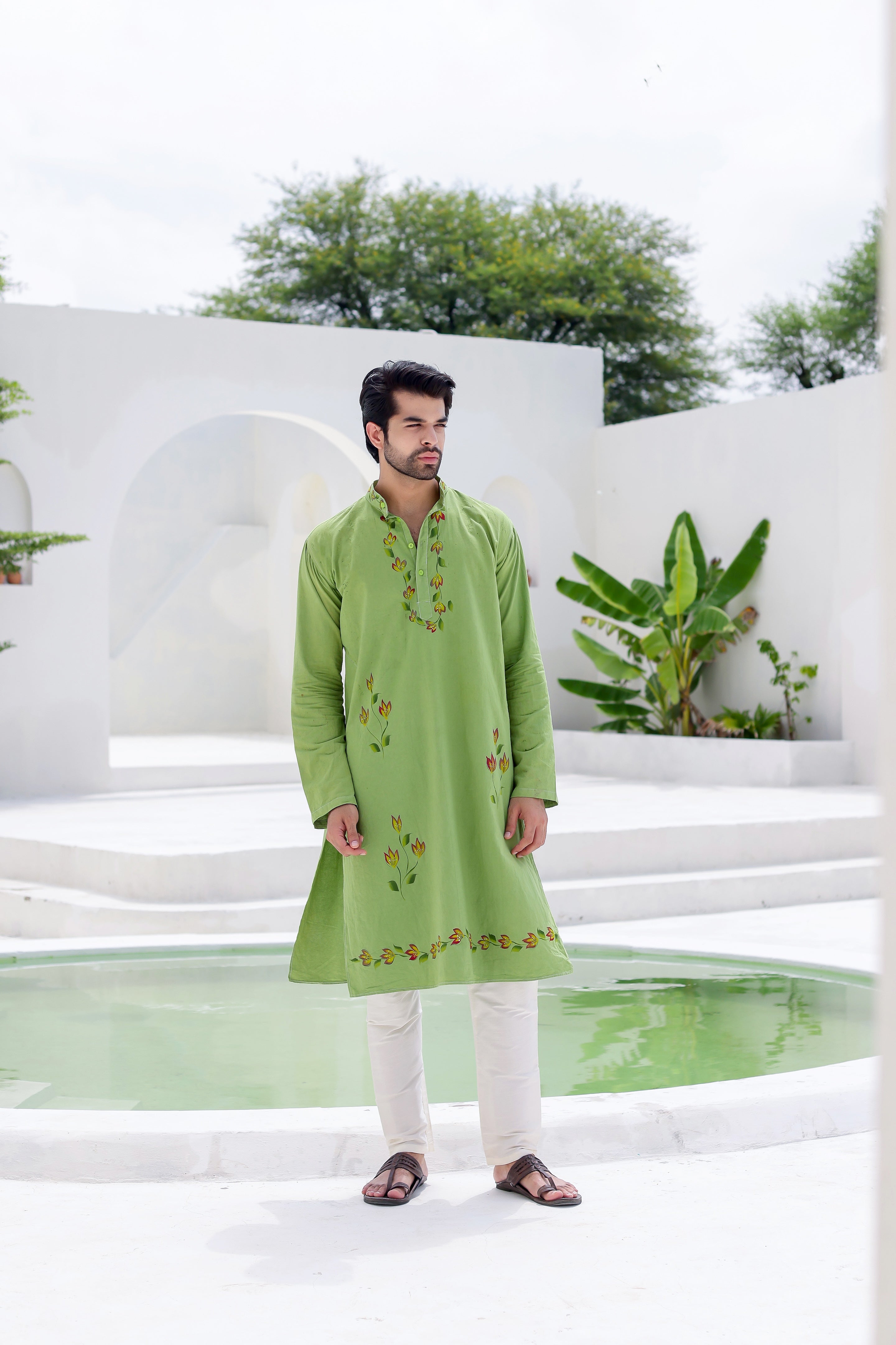 Garden Breeze Kurta (Handpainted Green Pure Cotton Kurta)