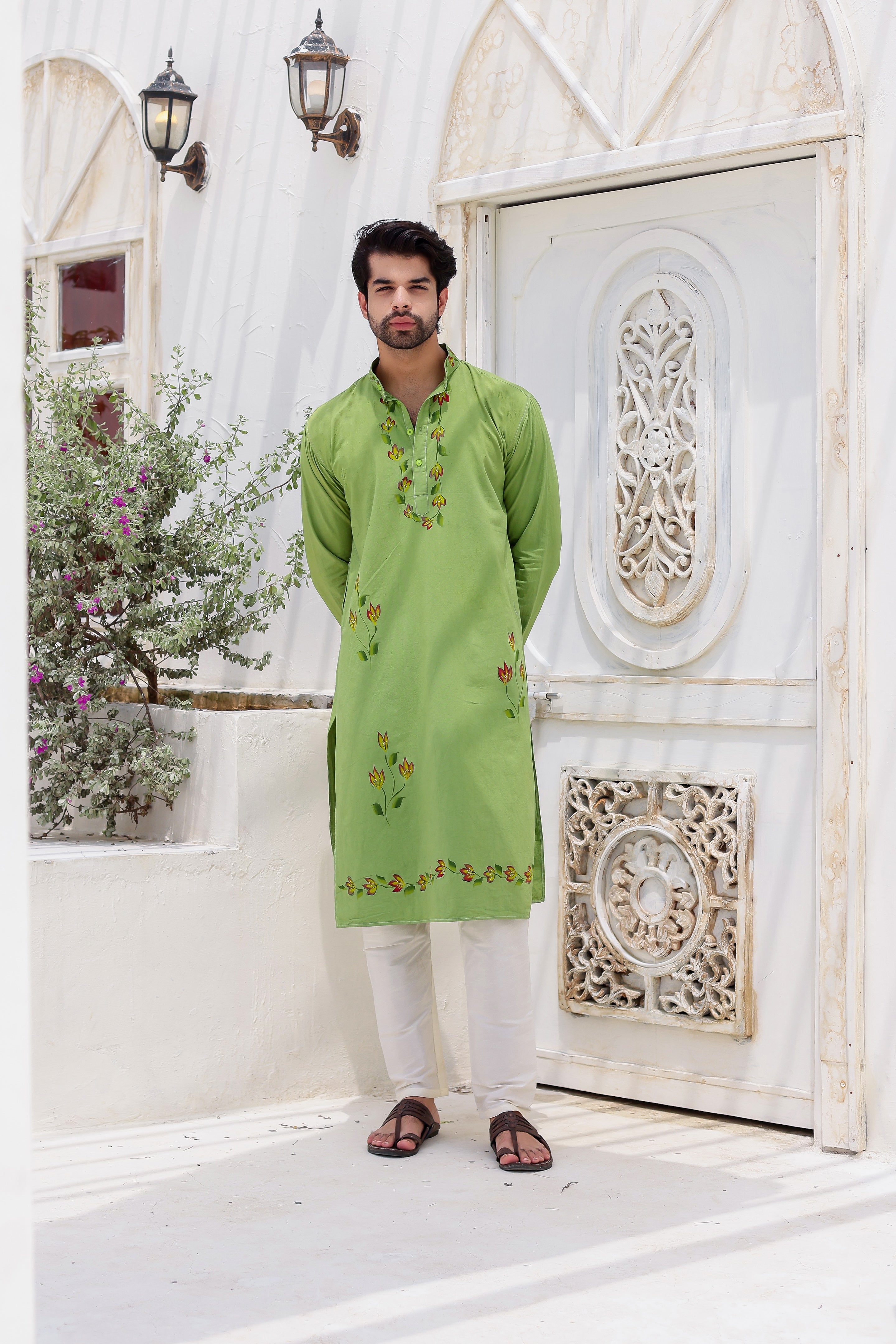Garden Breeze Kurta (Handpainted Green Pure Cotton Kurta)