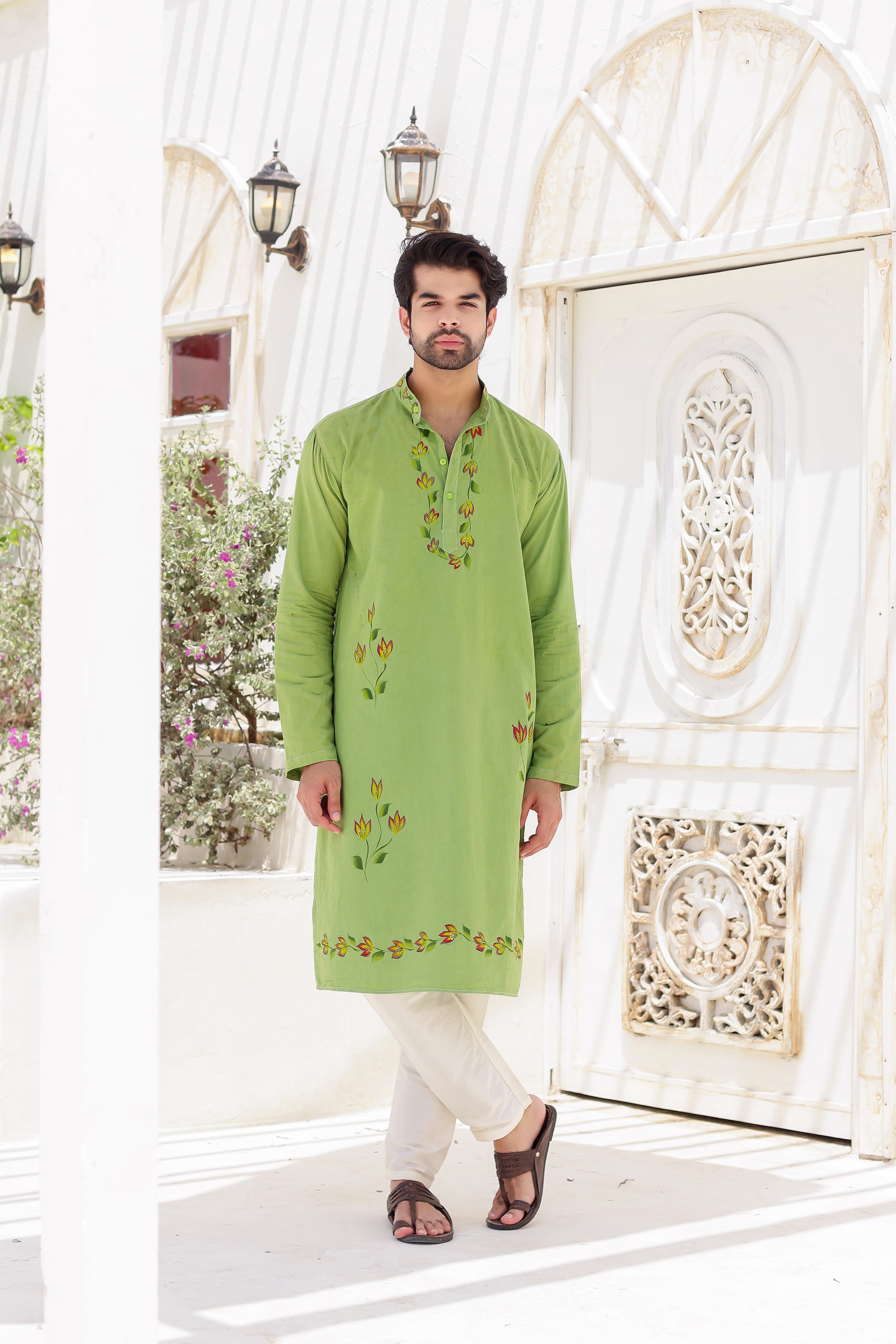 Garden Breeze Kurta (Handpainted Green Pure Cotton Kurta)