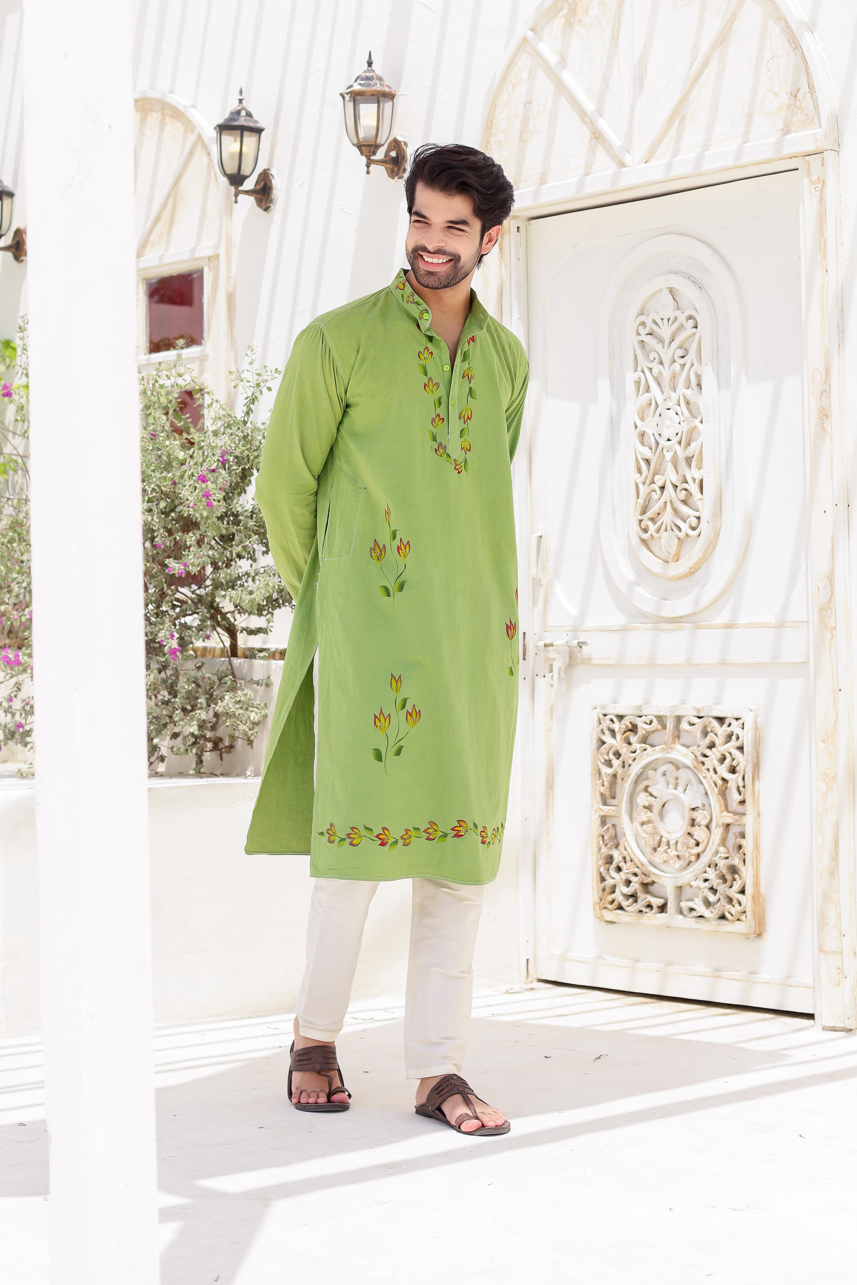 Garden Breeze Kurta (Handpainted Green Pure Cotton Kurta)