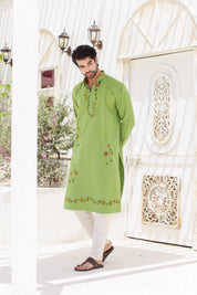 Garden Breeze Kurta (Handpainted Green Pure Cotton Kurta)