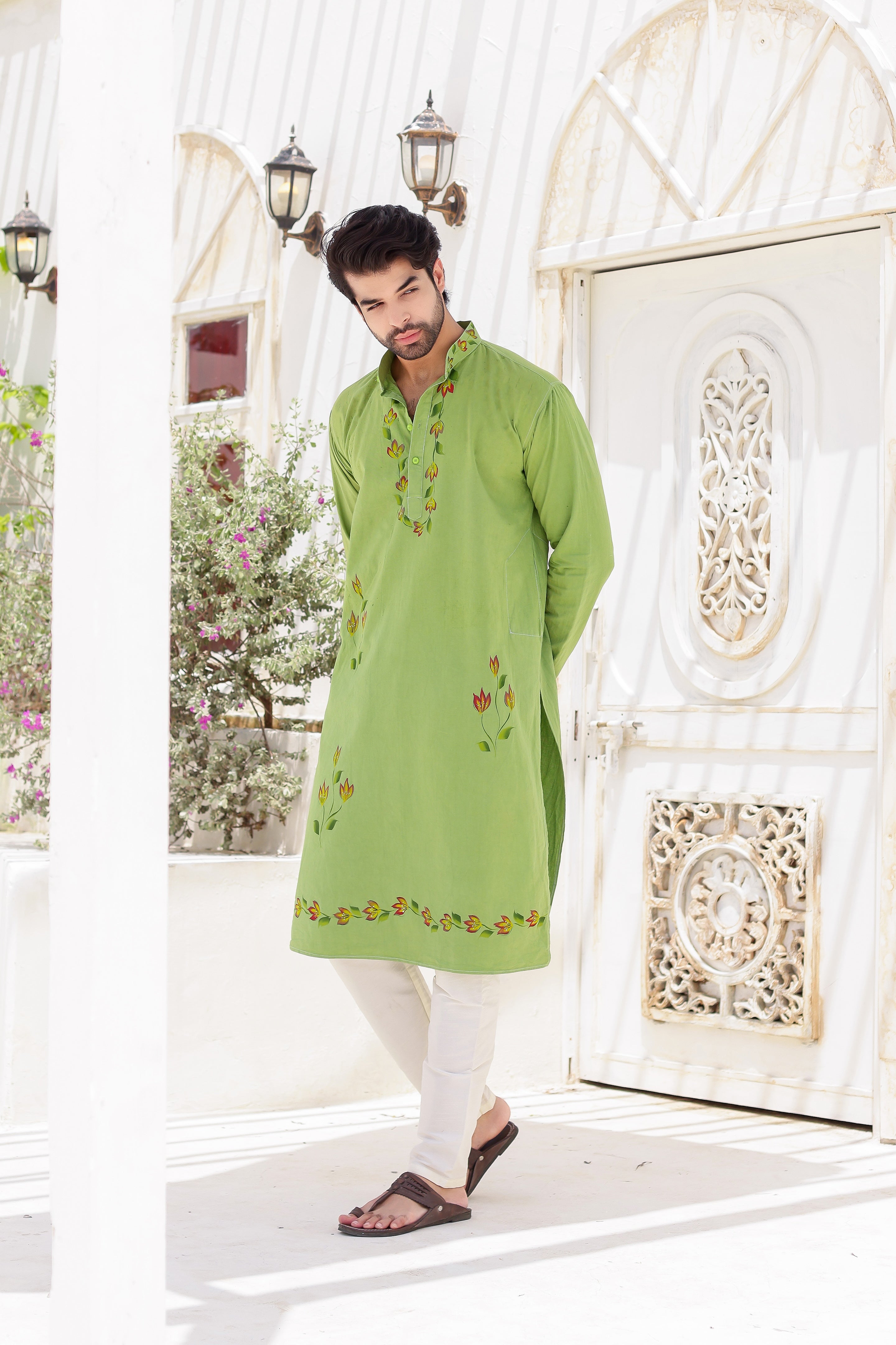 Garden Breeze Kurta (Handpainted Green Pure Cotton Kurta)