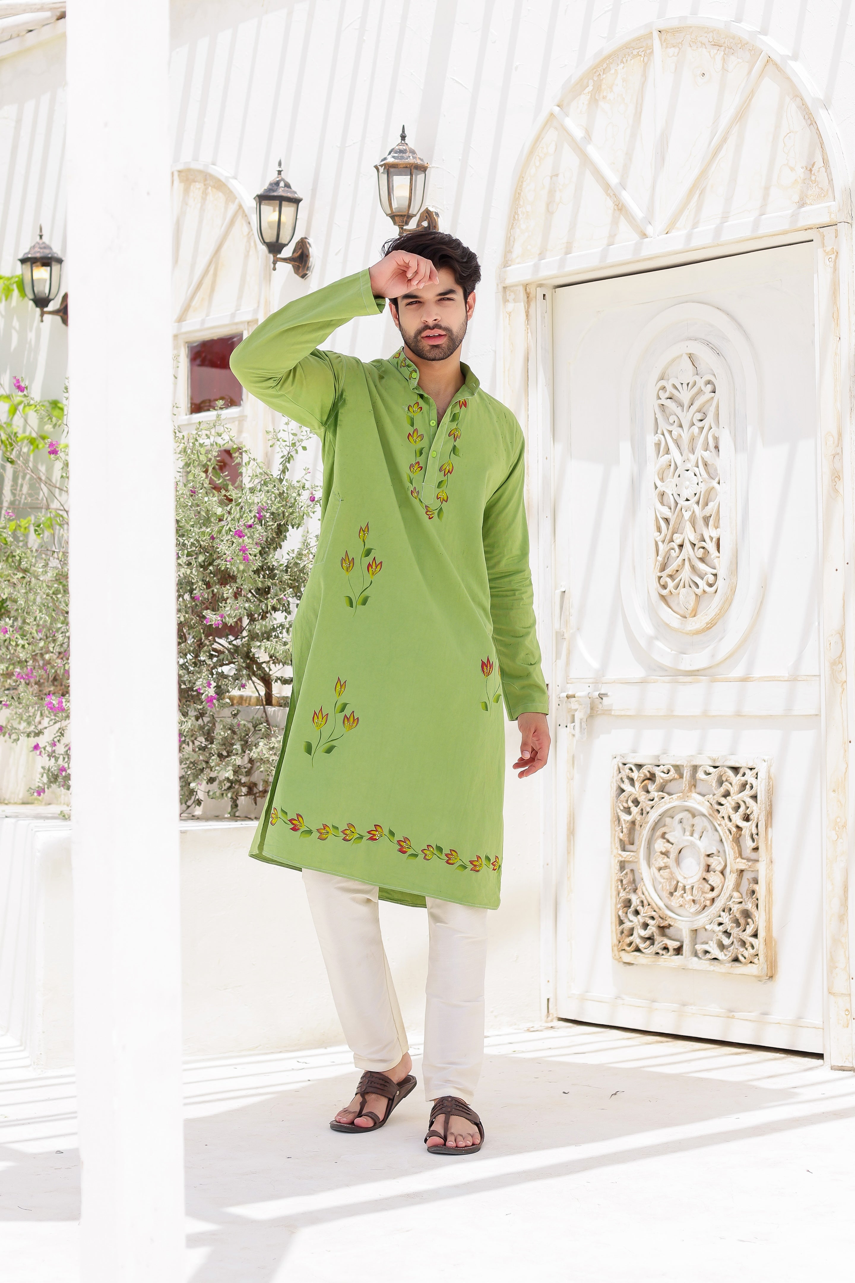 Garden Breeze Kurta (Handpainted Green Pure Cotton Kurta)
