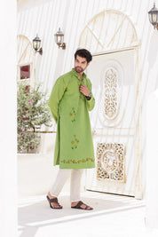 Garden Breeze Kurta (Handpainted Green Pure Cotton Kurta)