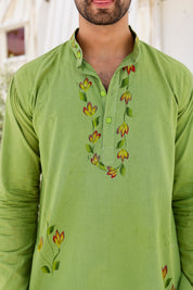 Garden Breeze Kurta (Handpainted Green Pure Cotton Kurta)