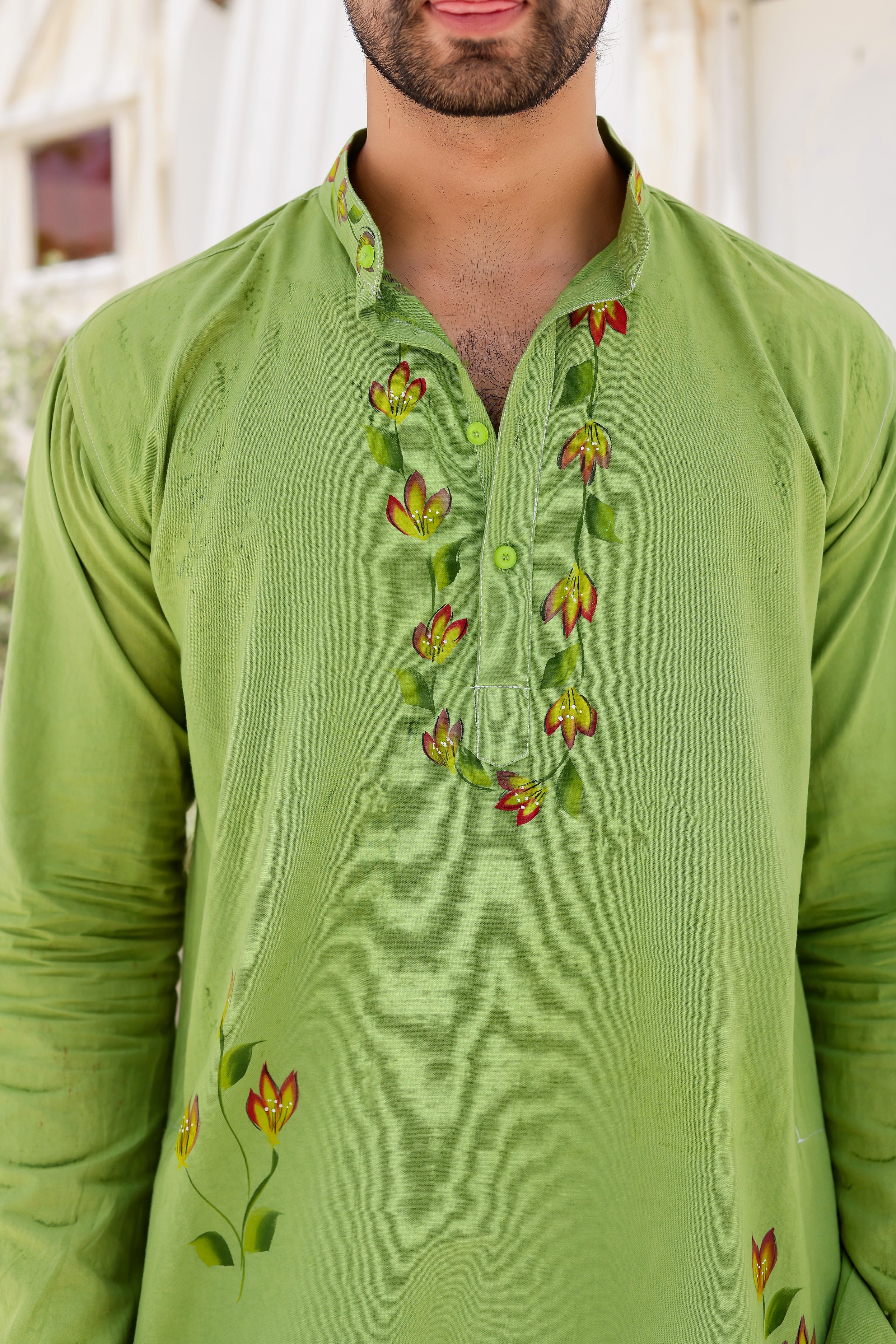 Garden Breeze Kurta (Handpainted Green Pure Cotton Kurta)
