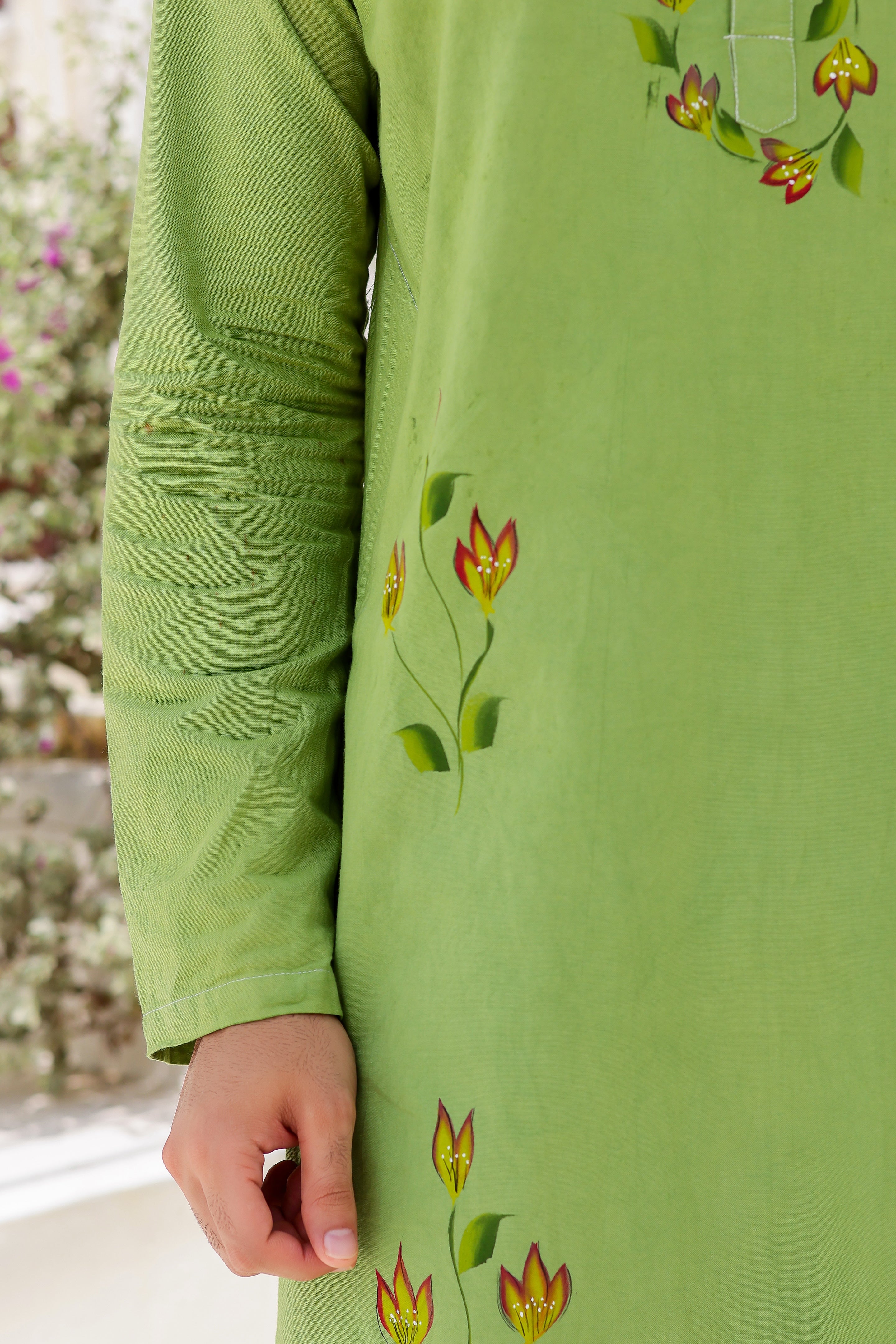 Garden Breeze Kurta (Handpainted Green Pure Cotton Kurta)