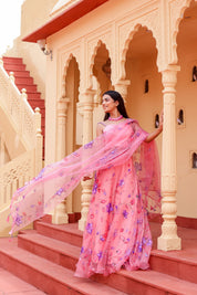 Raag Bageshree (Handpainted Pink Pure Organza Lehenga)