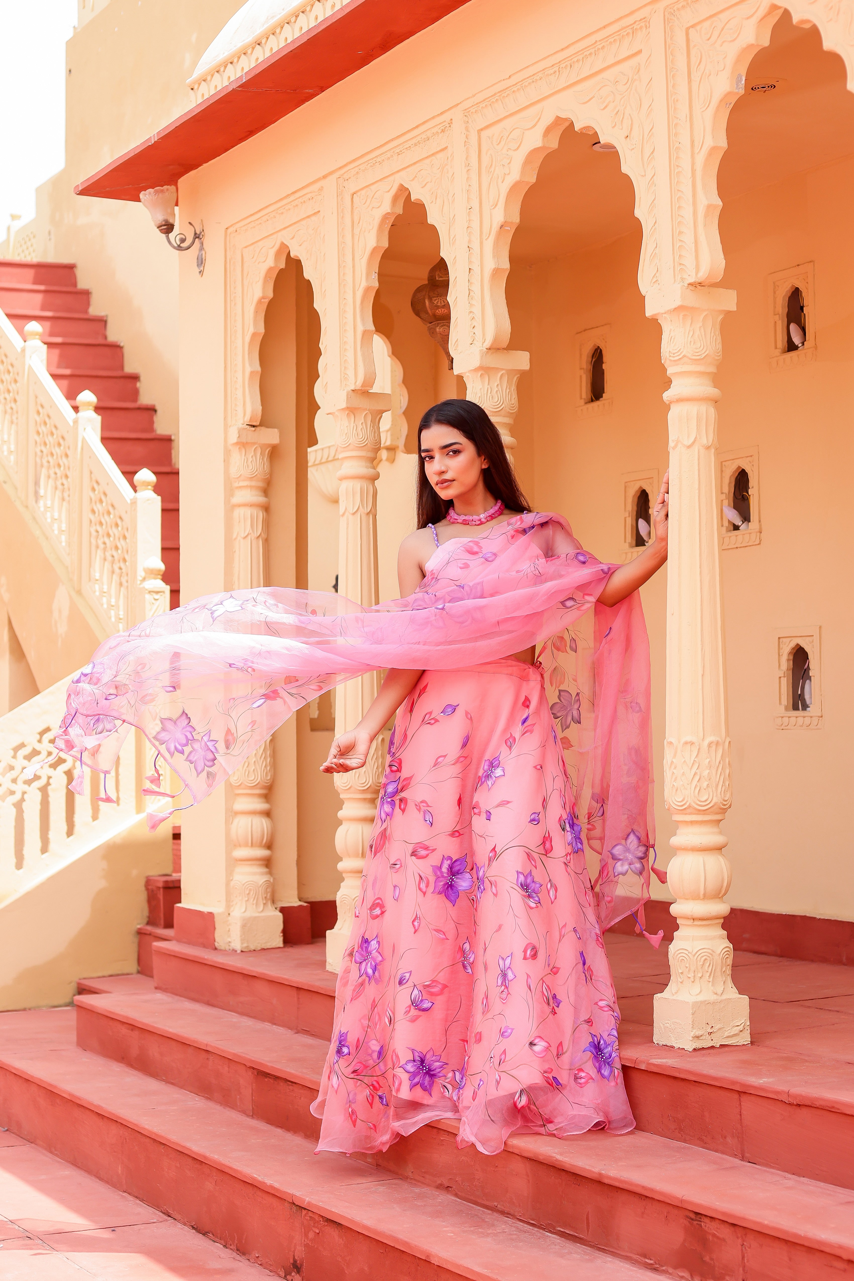 Raag Bageshree (Handpainted Pink Pure Organza Lehenga)