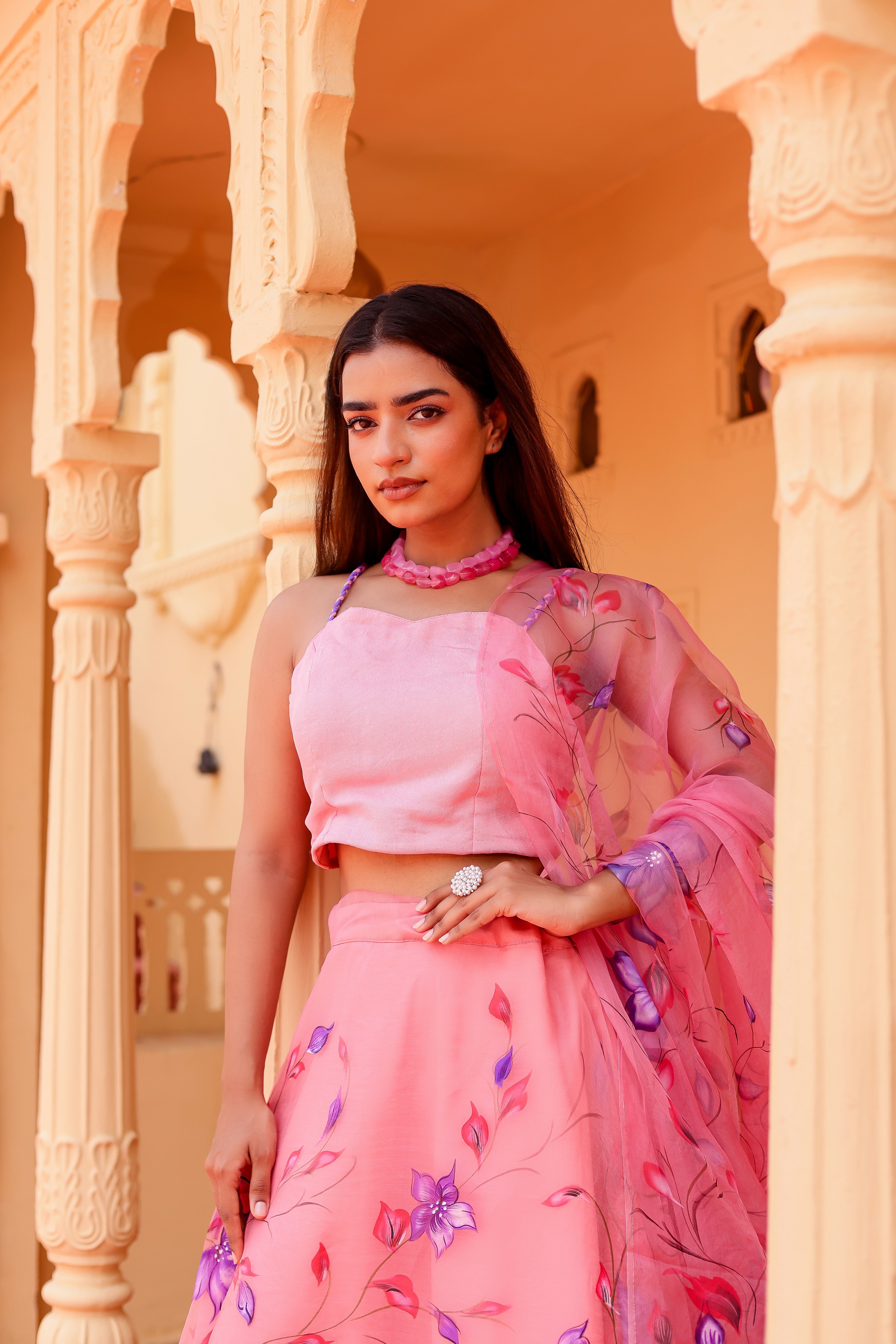 Raag Bageshree (Handpainted Pink Pure Organza Lehenga)