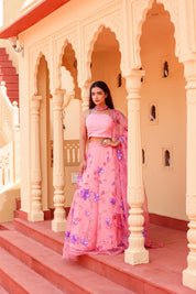 Raag Bageshree (Handpainted Pink Pure Organza Lehenga)