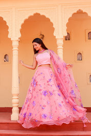 Raag Bageshree (Handpainted Pink Pure Organza Lehenga)