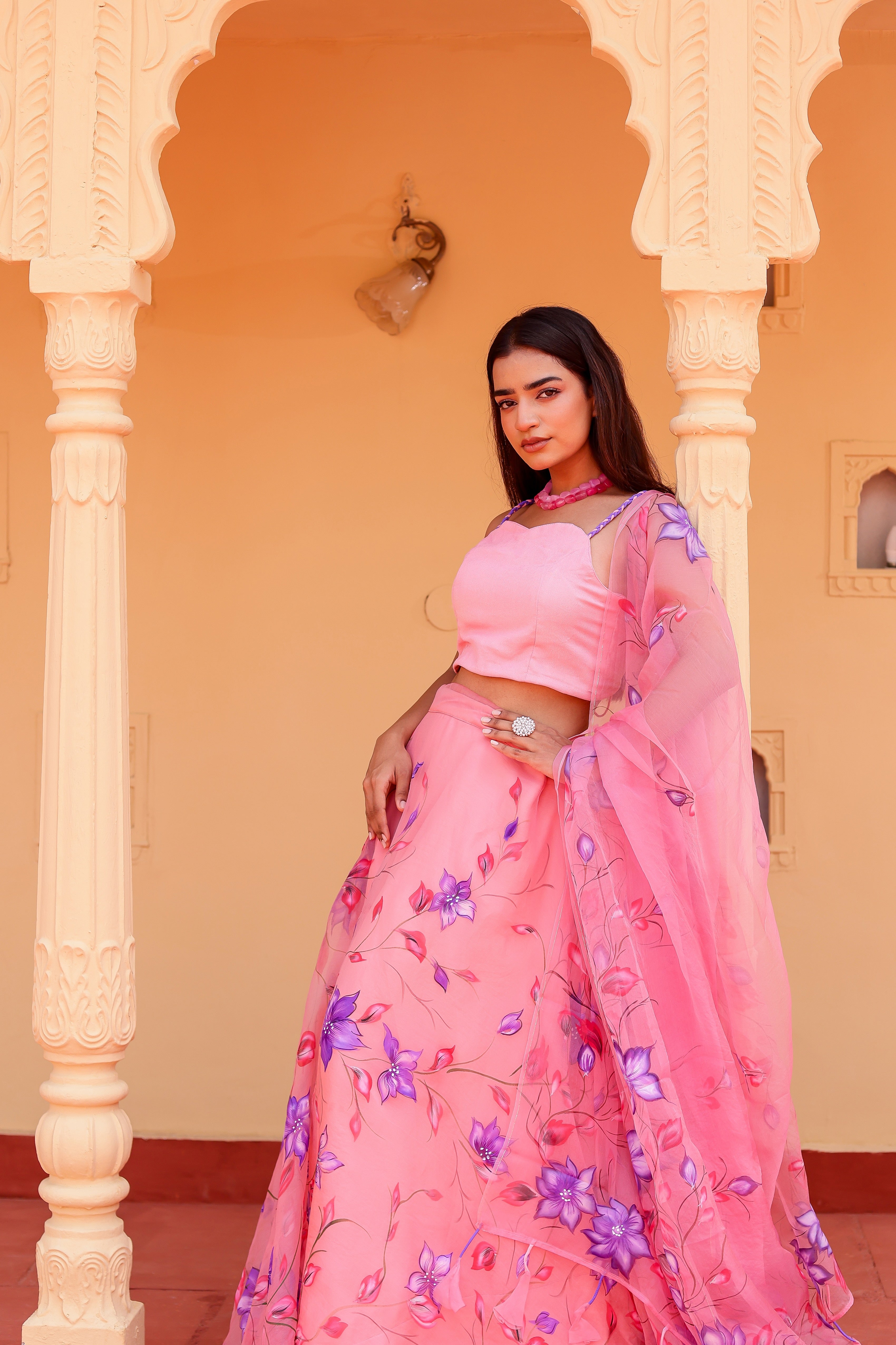 Raag Bageshree (Handpainted Pink Pure Organza Lehenga)
