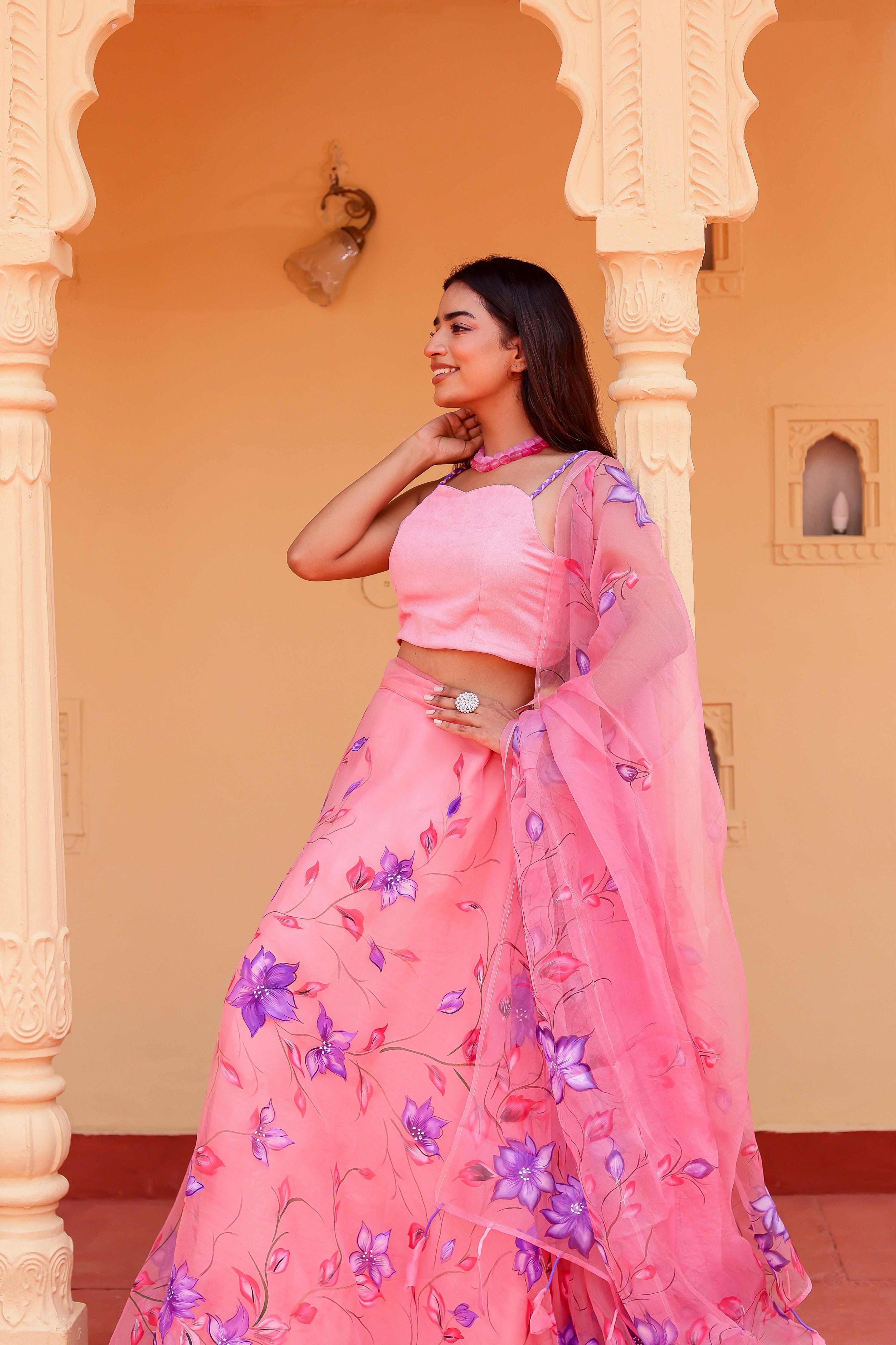 Raag Bageshree (Handpainted Pink Pure Organza Lehenga)