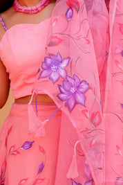 Raag Bageshree (Handpainted Pink Pure Organza Lehenga)