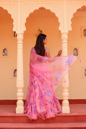 Raag Bageshree (Handpainted Pink Pure Organza Lehenga)