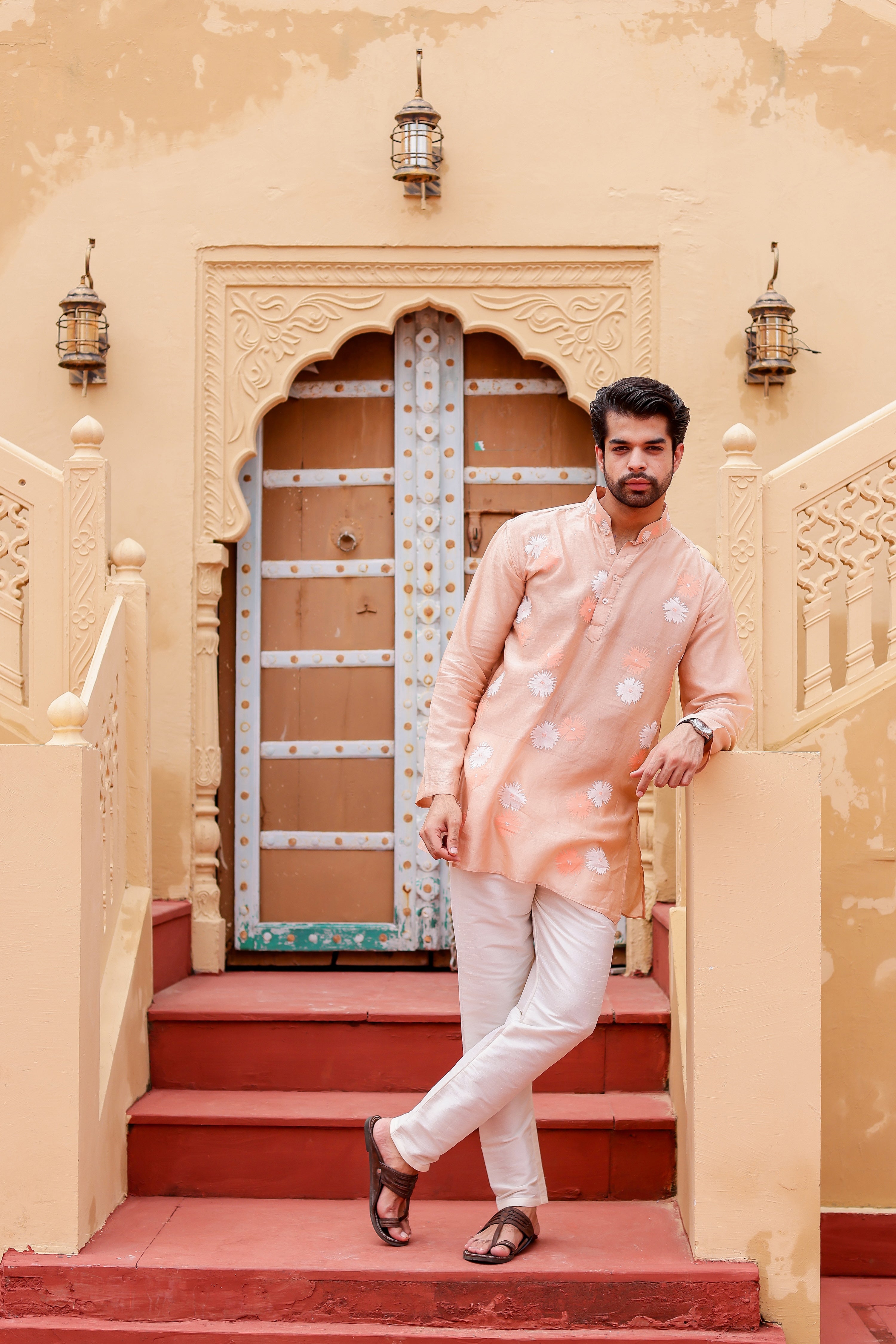 Peach Petal Kurta (Handpainted Peach Chanderi Silk Kurta with Mukaish)