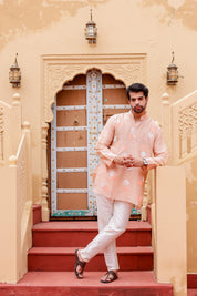 Peach Petal Kurta (Handpainted Peach Chanderi Silk Kurta with Mukaish)