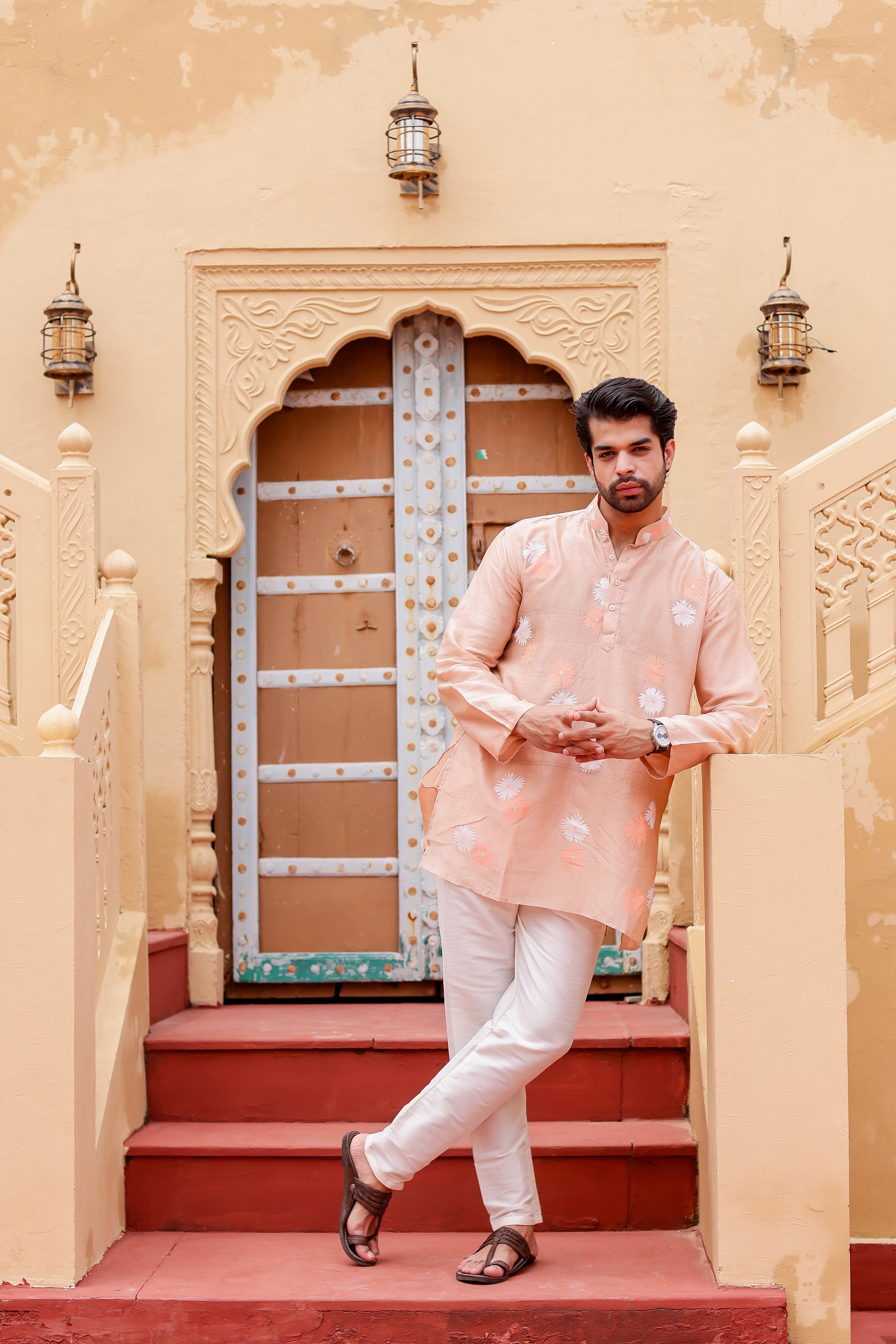 Peach Petal Kurta (Handpainted Peach Chanderi Silk Kurta with Mukaish)
