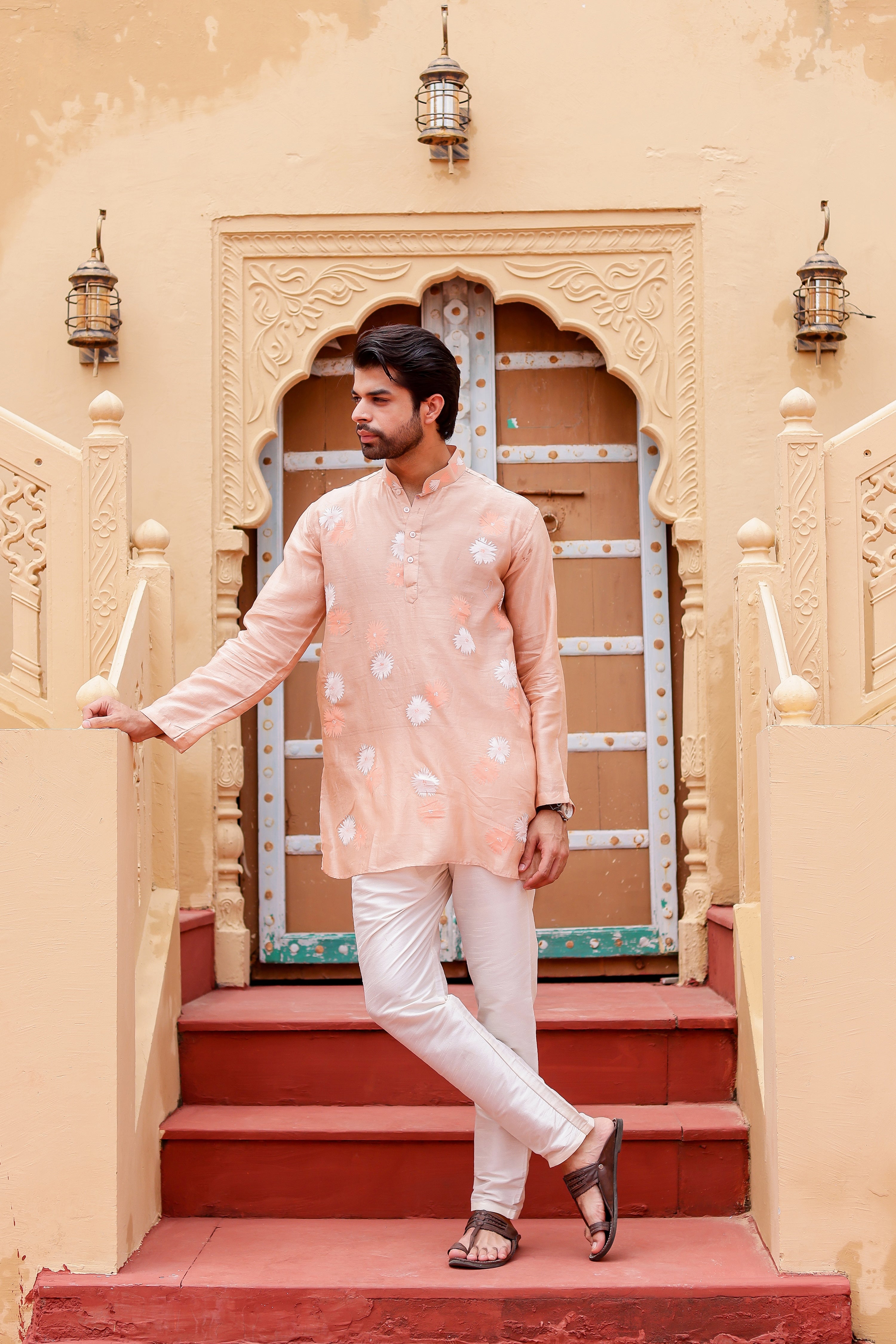 Peach Petal Kurta (Handpainted Peach Chanderi Silk Kurta with Mukaish)