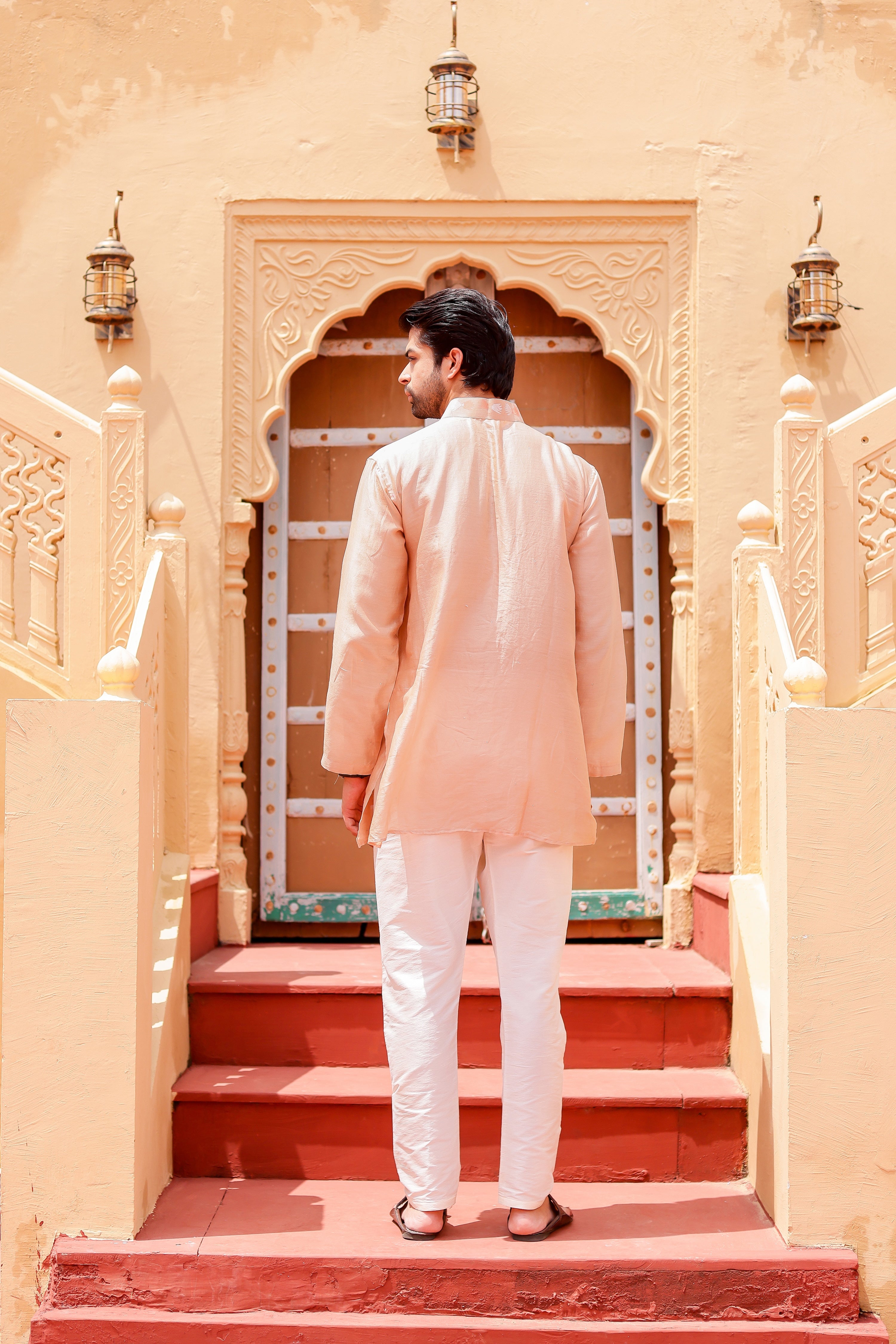Peach Petal Kurta (Handpainted Peach Chanderi Silk Kurta with Mukaish)