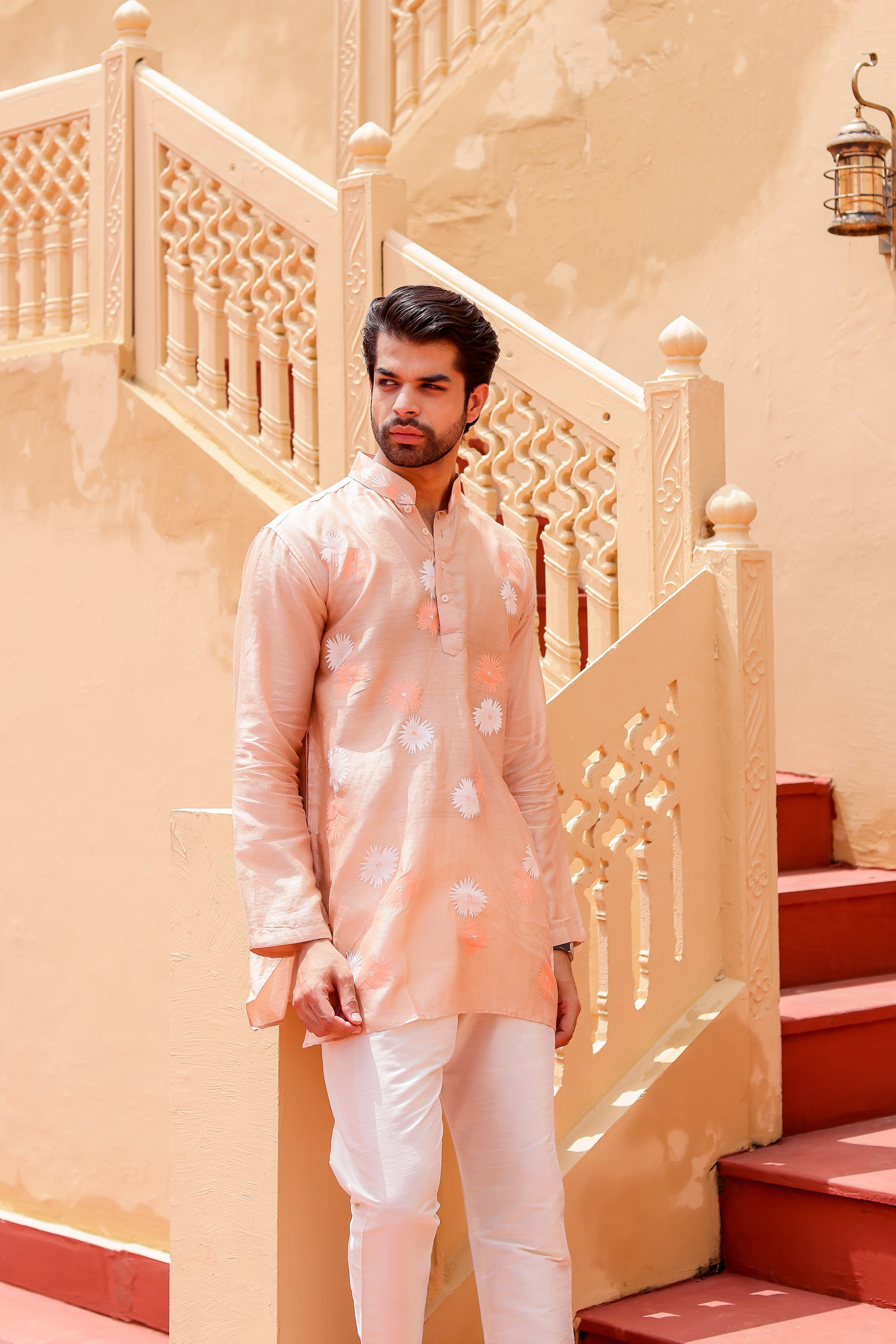 Peach Petal Kurta (Handpainted Peach Chanderi Silk Kurta with Mukaish)