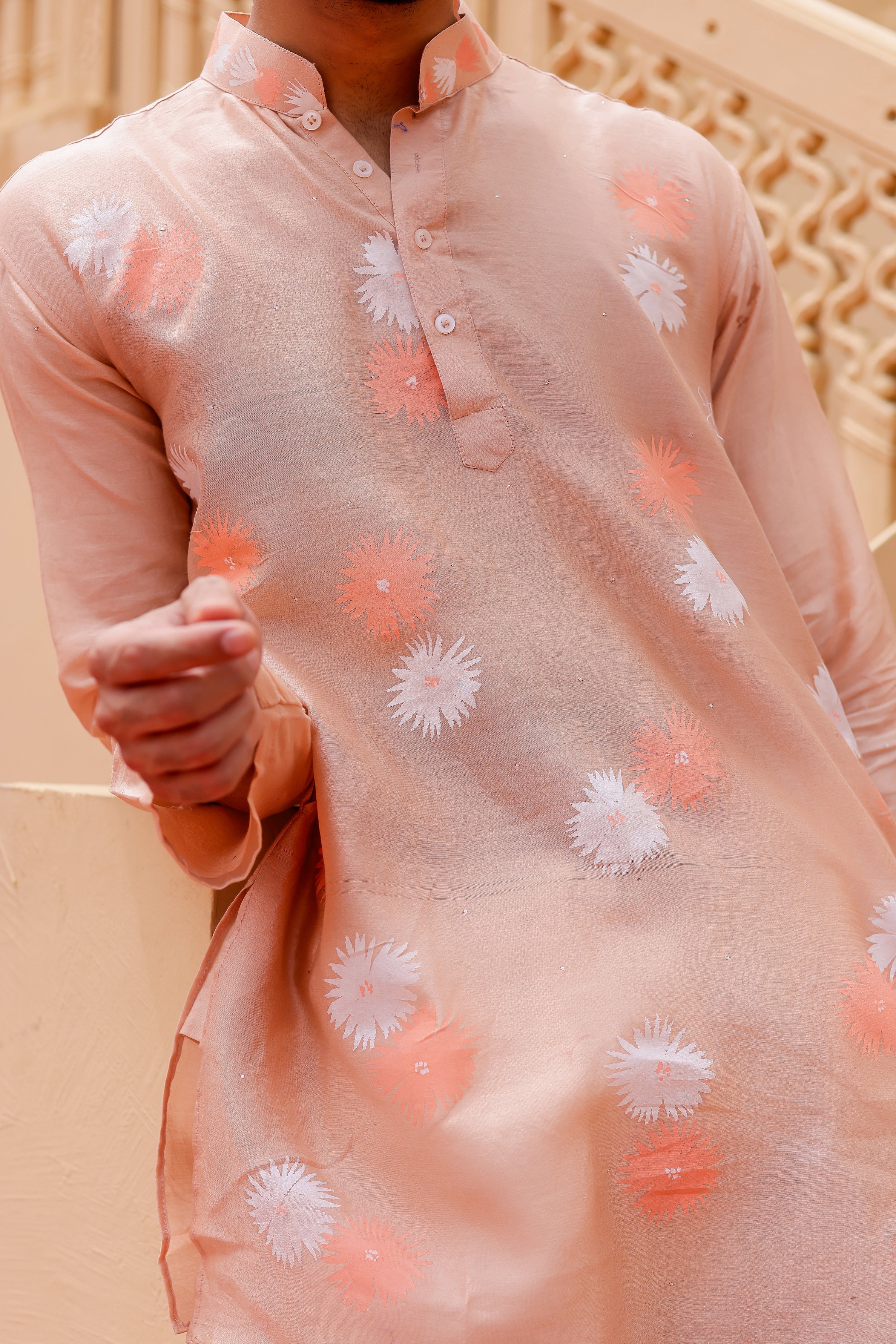 Peach Petal Kurta (Handpainted Peach Chanderi Silk Kurta with Mukaish)