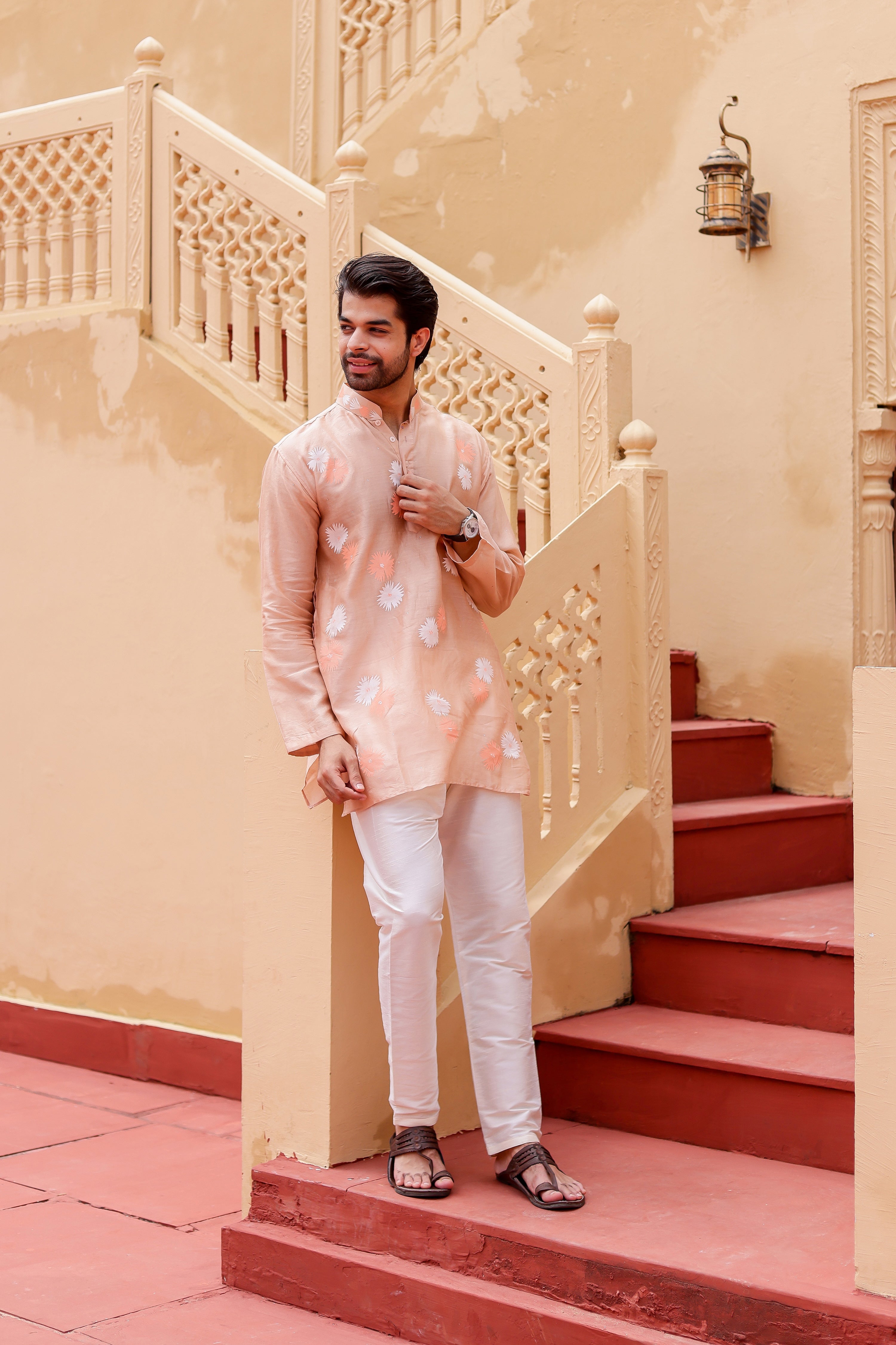 Peach Petal Kurta (Handpainted Peach Chanderi Silk Kurta with Mukaish)