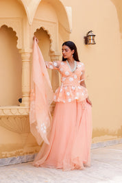 Raag Madhuwanti (Handpainted Peach Pure Organza Lehenga)