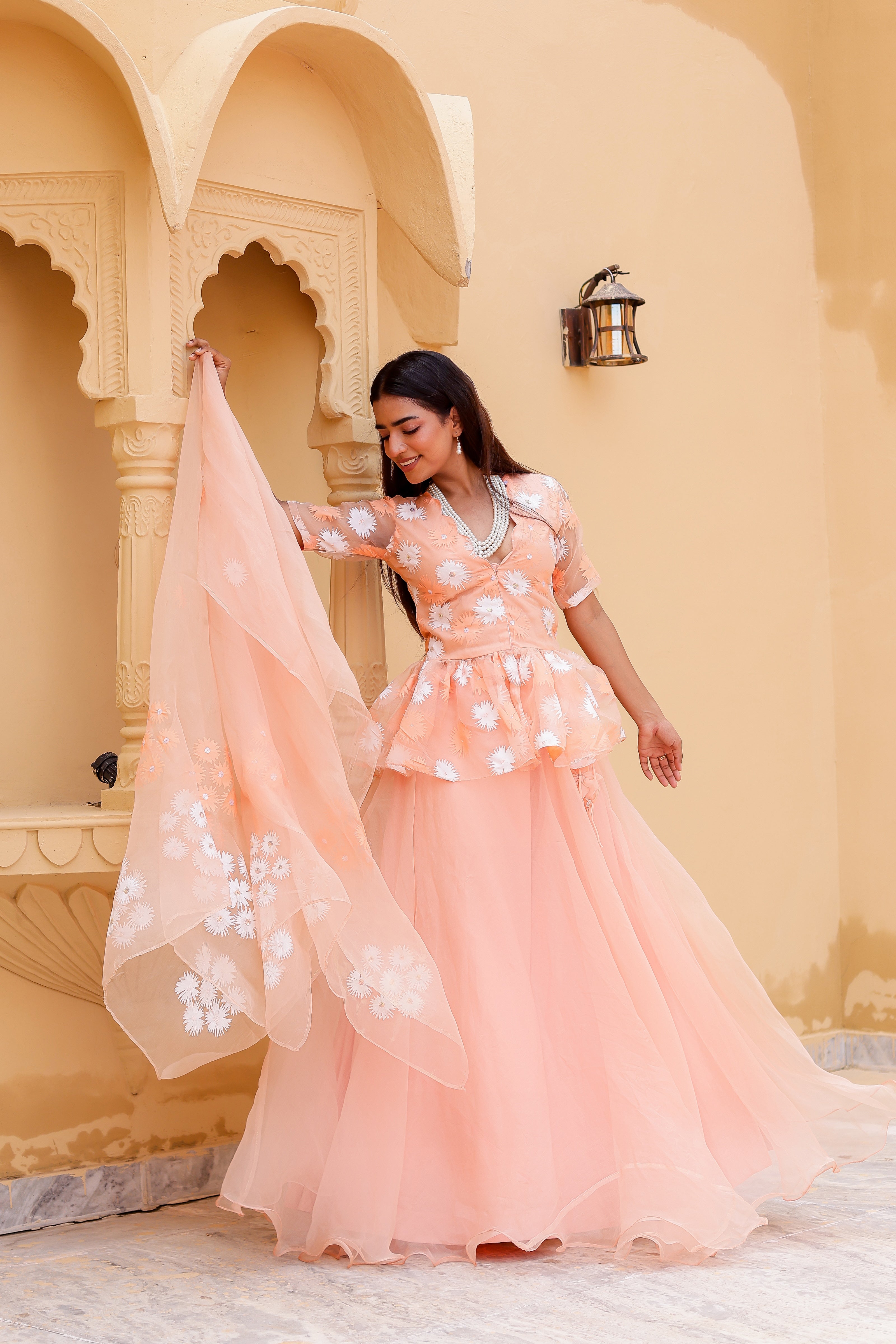 Raag Madhuwanti (Handpainted Peach Pure Organza Lehenga)